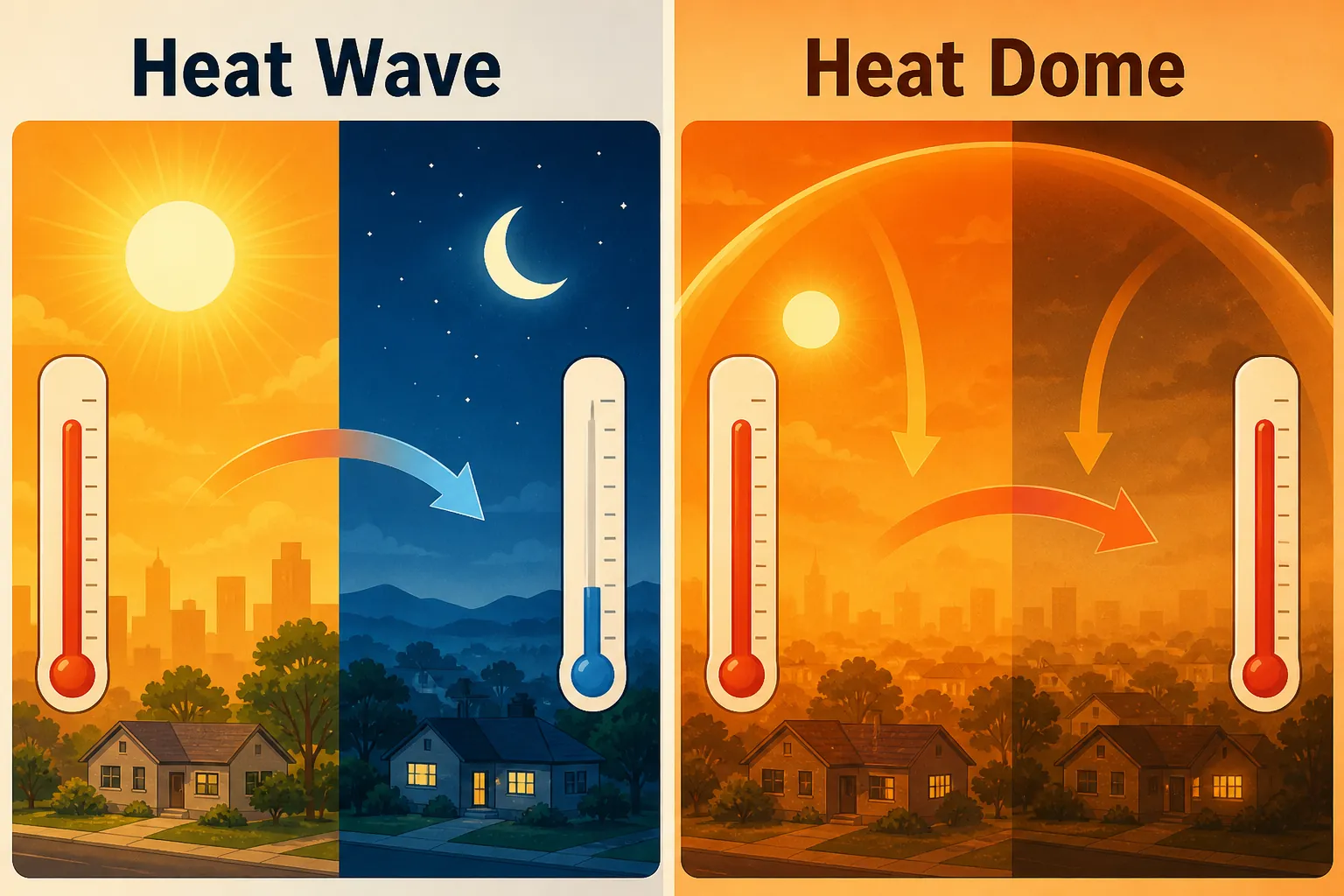 Side-by-side comparison of a heat wave with nighttime cooling and a heat dome with trapped warm nighttime air