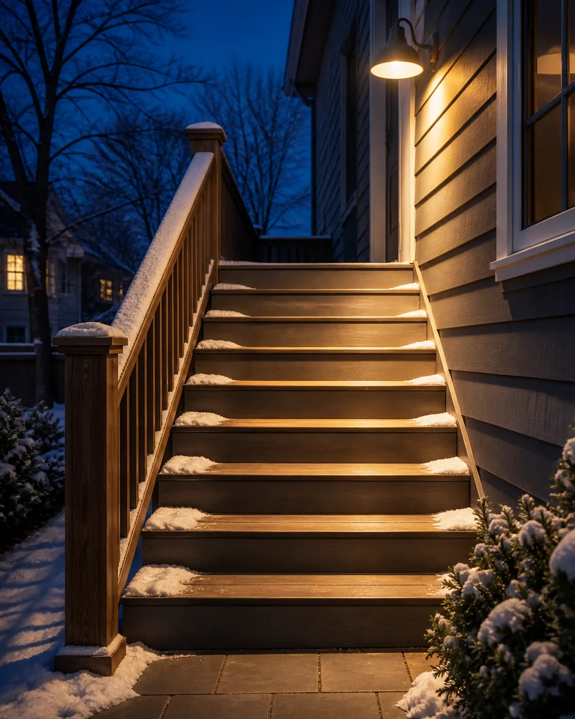 Winter front stairway at dusk with a warm outdoor light and full-length handrail