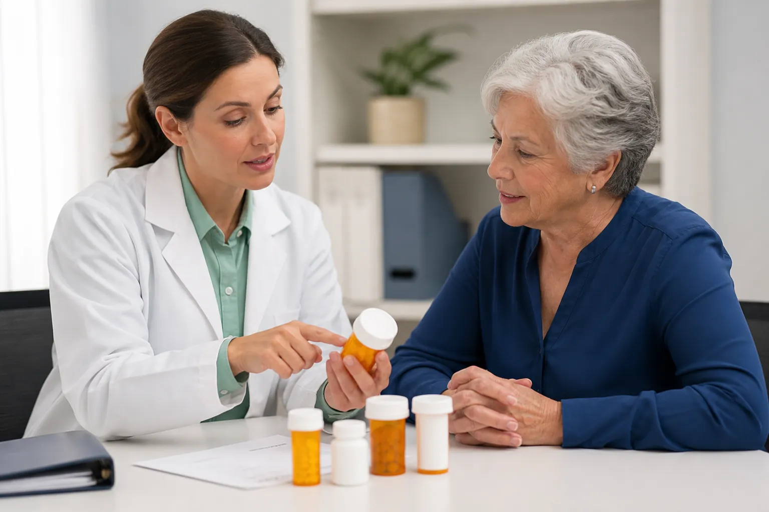 Clinician reviewing prescription bottles and a medication list with an older adult