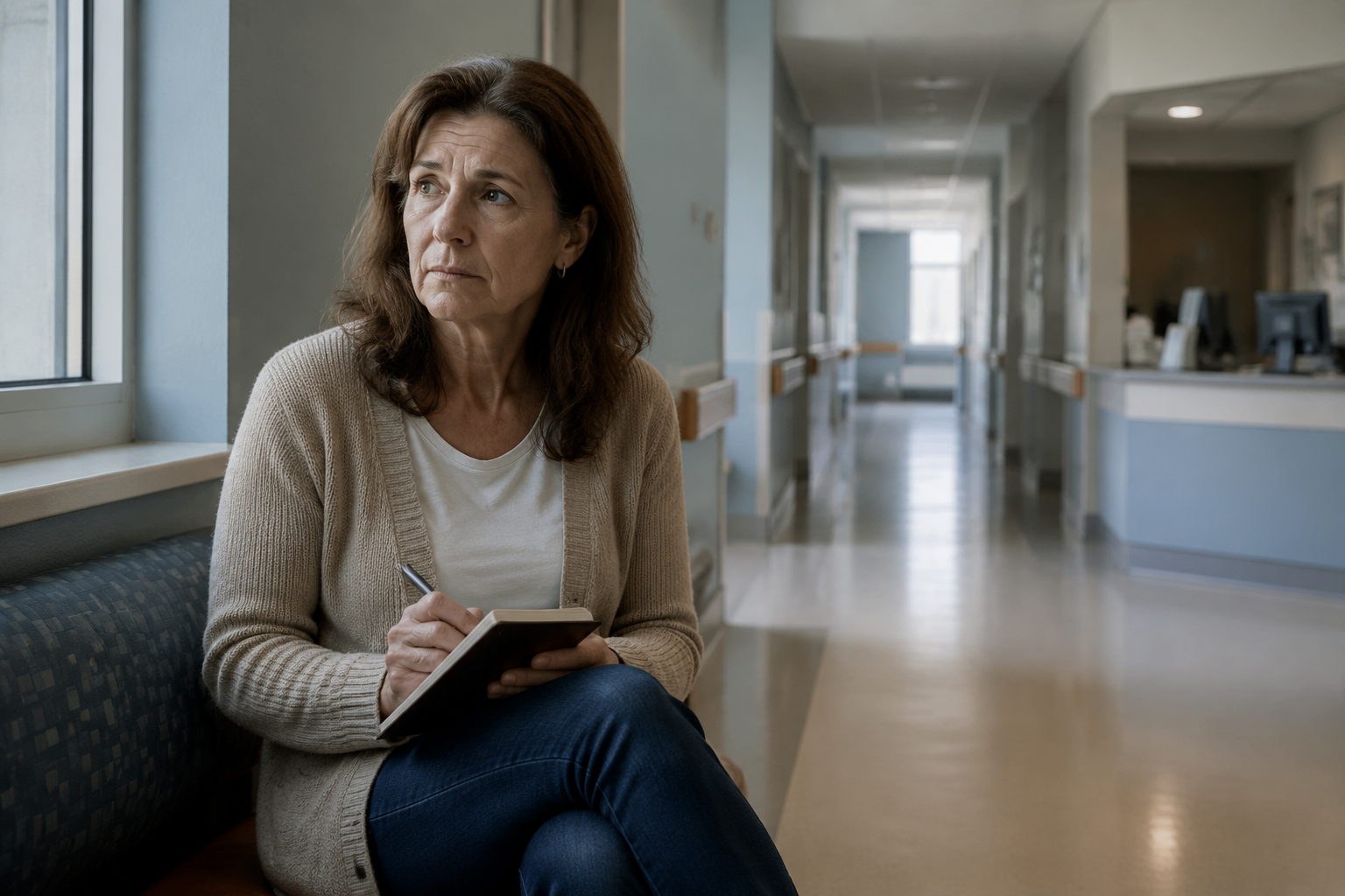 A middle-aged woman sits alone on a hospital hallway bench with a notebook, looking thoughtful and determined.