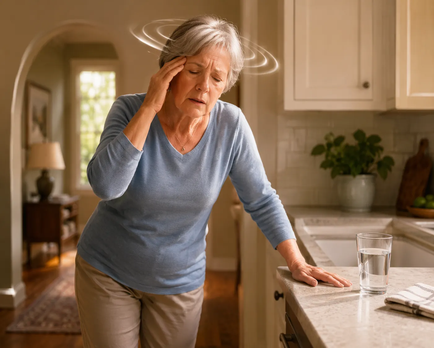 Older adult in a kitchen steadies themselves on a counter after standing up, with a glass of water nearby