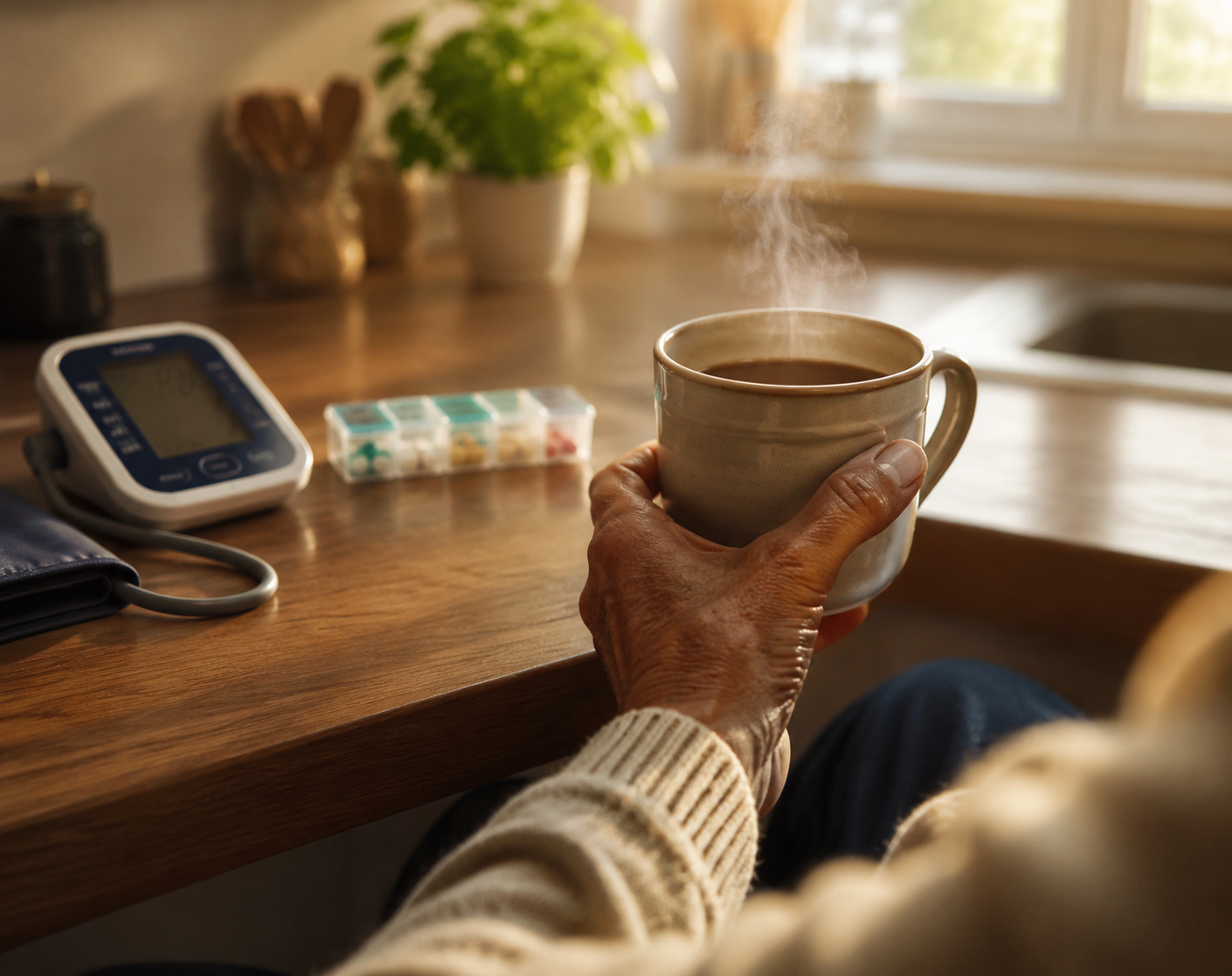 Elderly hand holding a steaming coffee mug near a blood pressure monitor and weekly pillbox