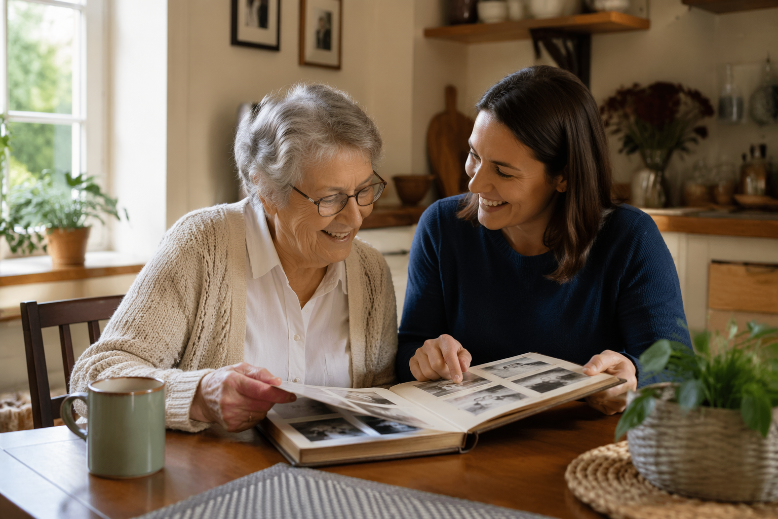 An older adult and companion caregiver looking through a photo album at a kitchen table