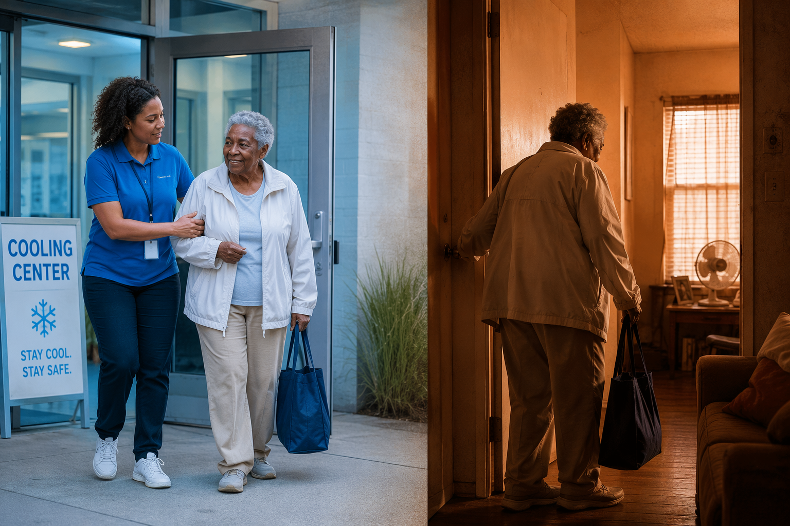 Older adult leaving a cool cooling center and returning to a hot apartment without air conditioning