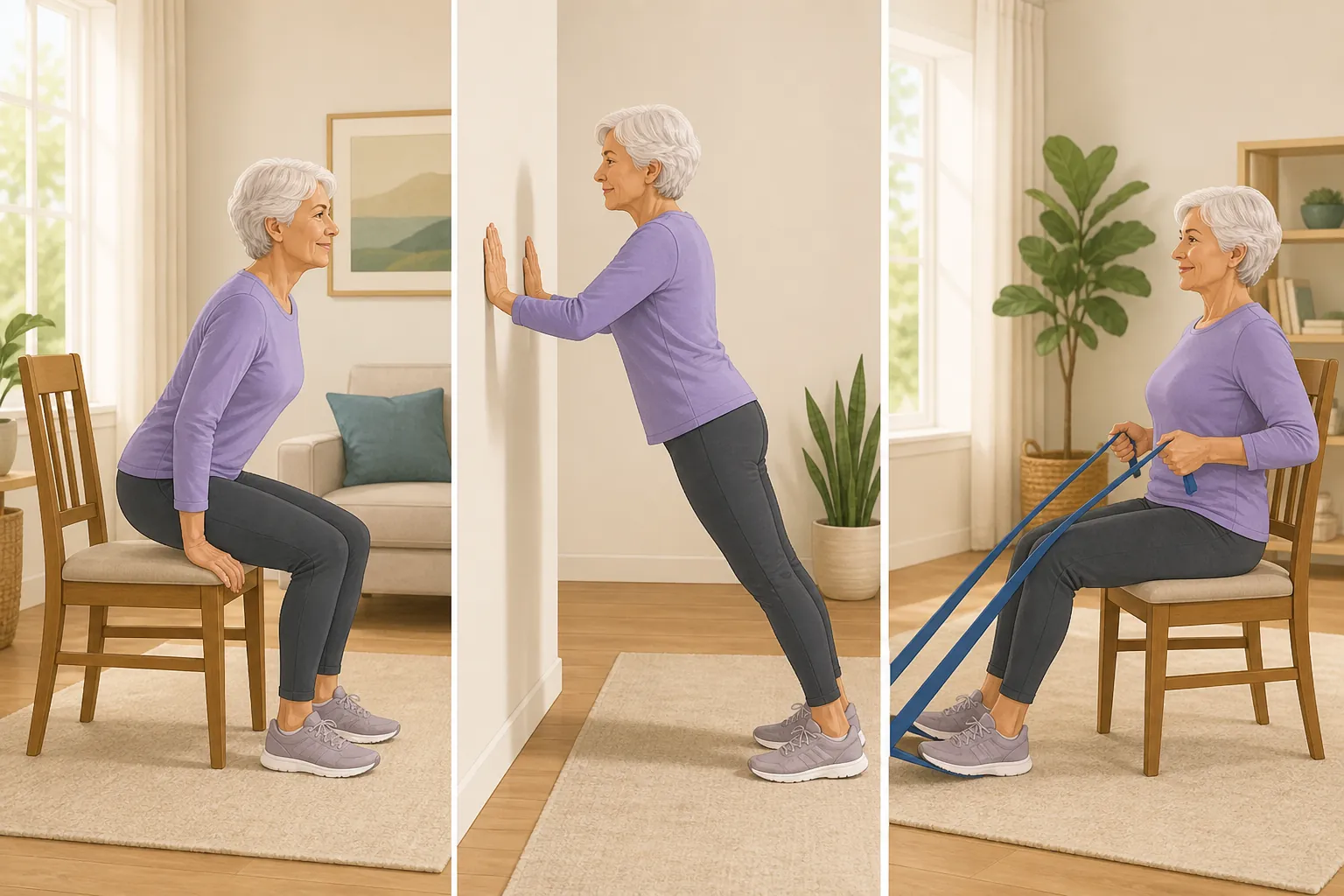 Older adult doing a chair sit-to-stand, wall push-up, and seated resistance band row at home