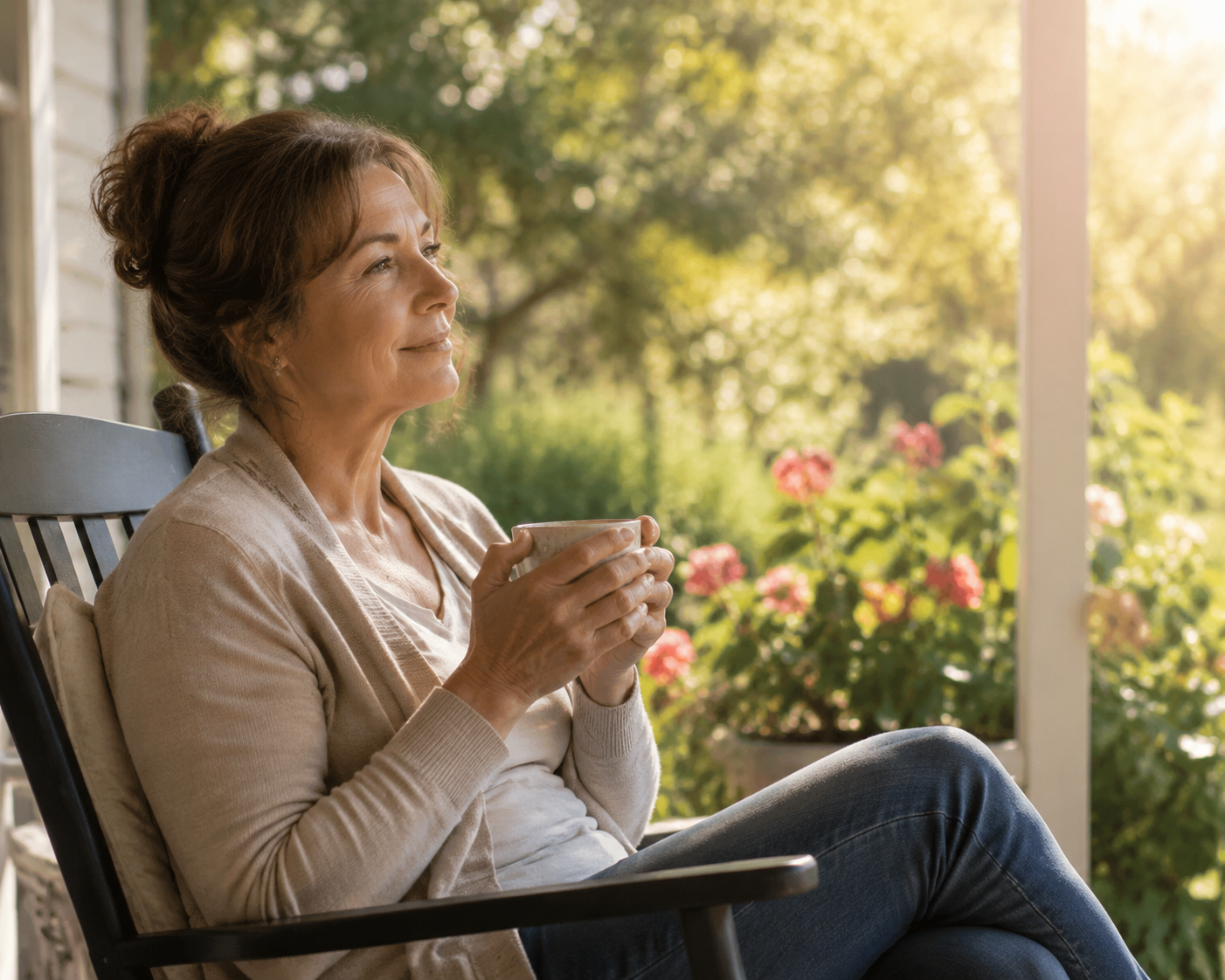 A dementia caregiver resting on a porch with tea during a quiet afternoon break