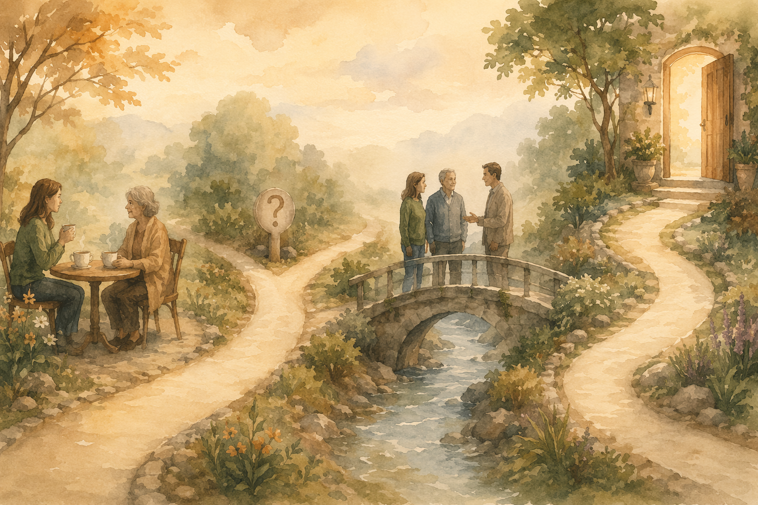 A soft watercolor illustration of a winding path with markers representing the gradual journey of conversation about senior living.