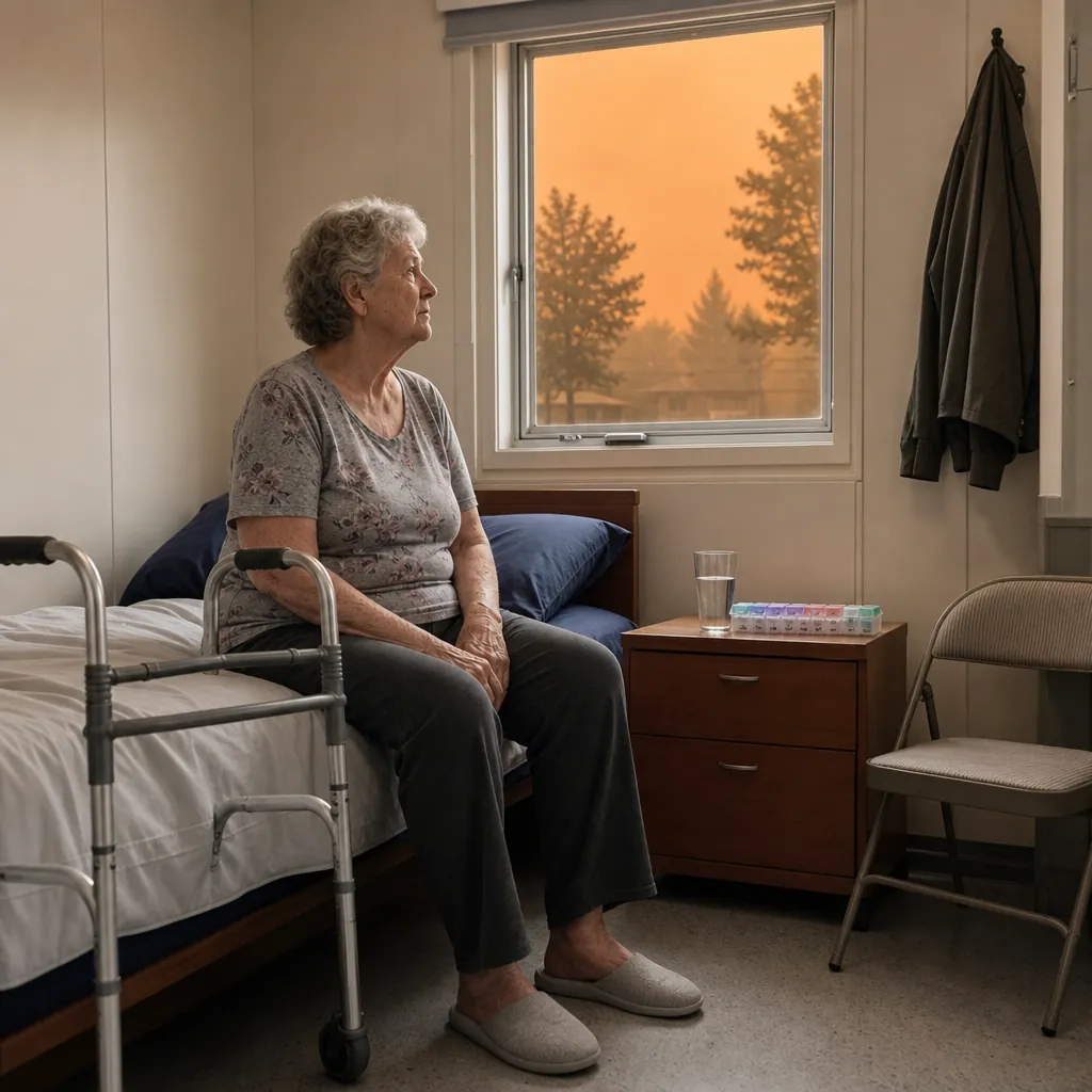 Older woman in a temporary shelter room with walker and pill organizer during wildfire evacuation