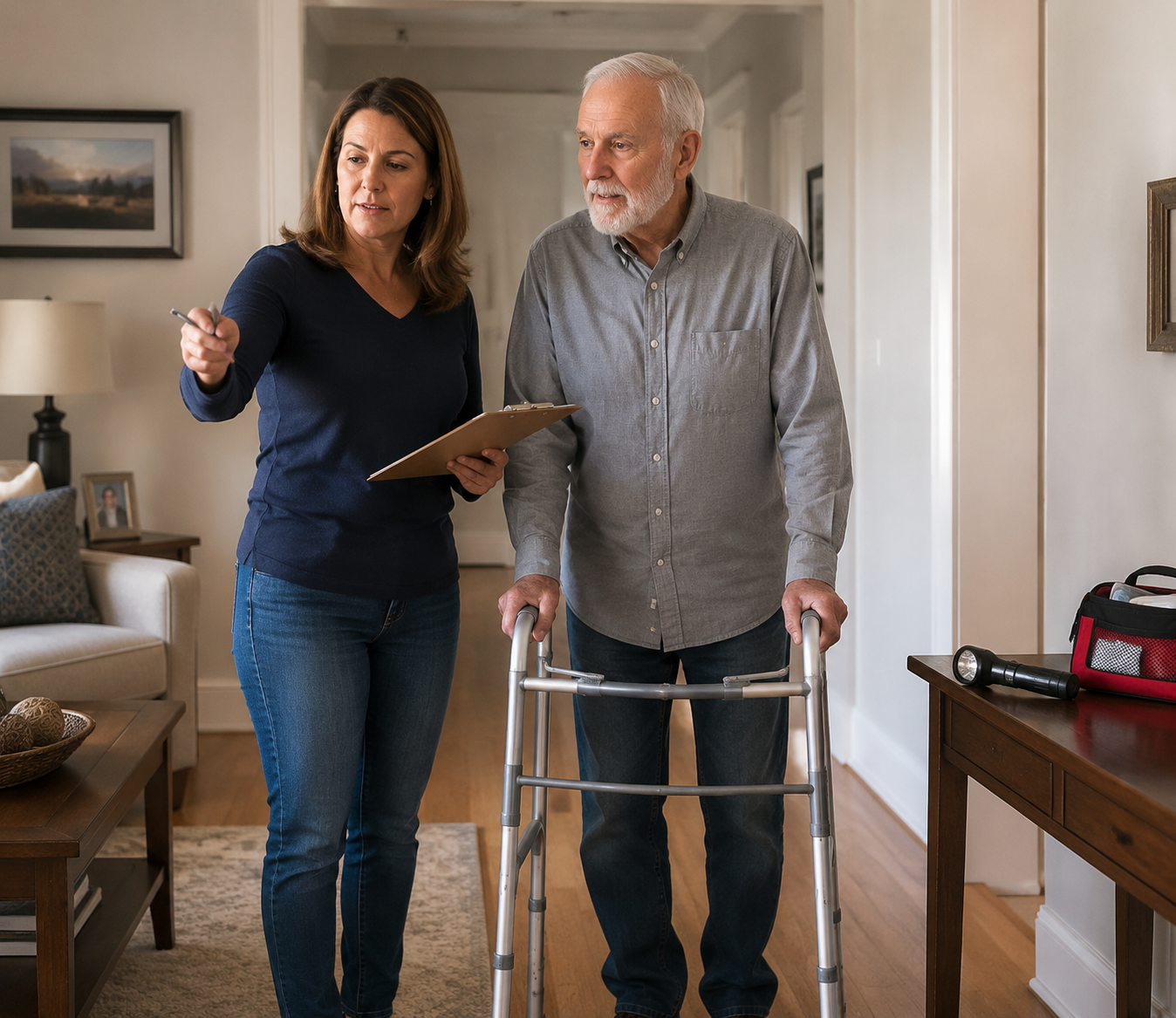 Adult daughter with a clipboard standing beside her older father and his walker during a calm home safety walkthrough