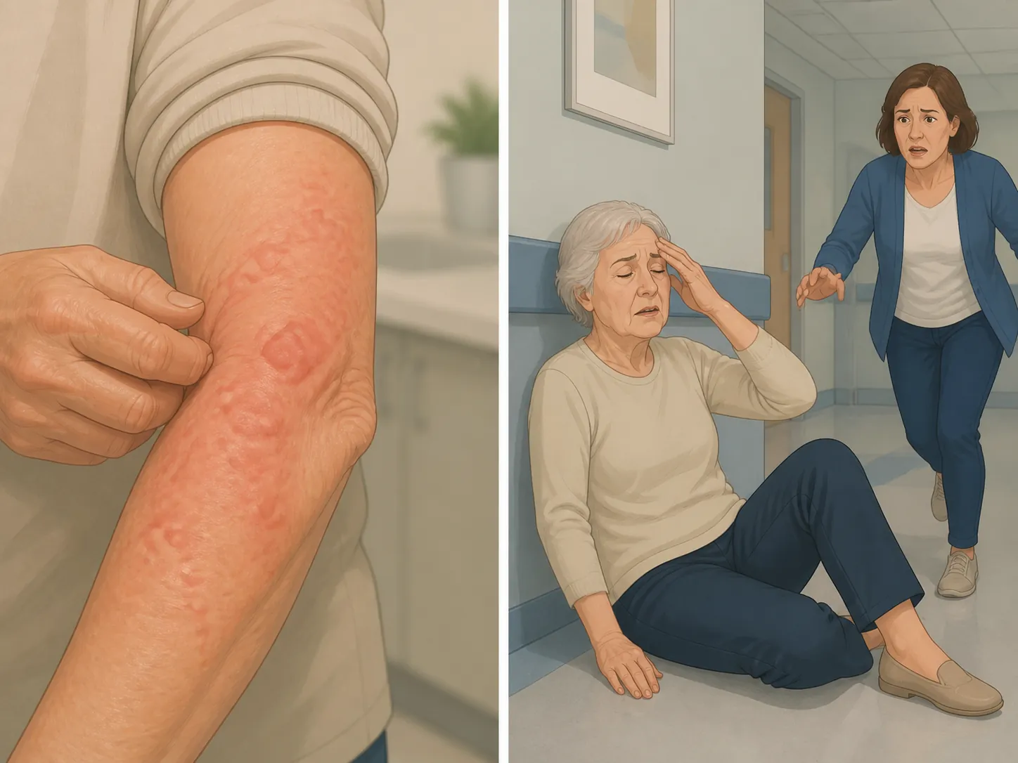 Comparison of an older adult with hives and an older adult slumped and dizzy with no visible rash