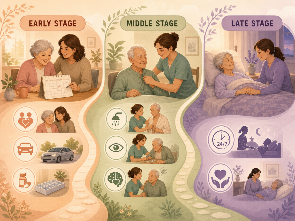 A gentle pathway illustration showing three dementia stages: early-stage with a companion figure, middle-stage with a caregiver assisting with daily tasks, and late-stage with skilled nursing and hospice.