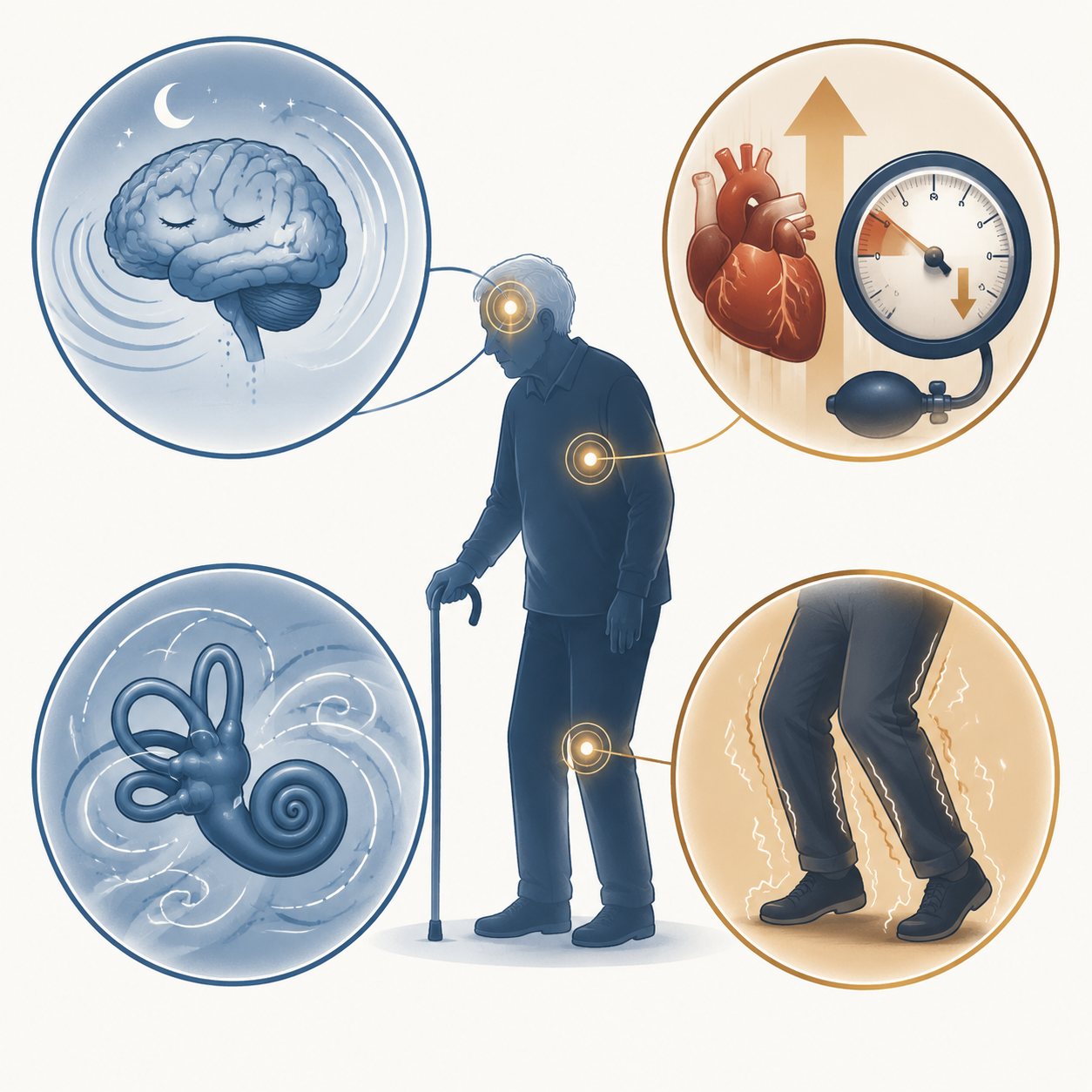 Diagram of medication effects that can raise fall risk, including sedation, blood pressure drops, dizziness, and impaired balance