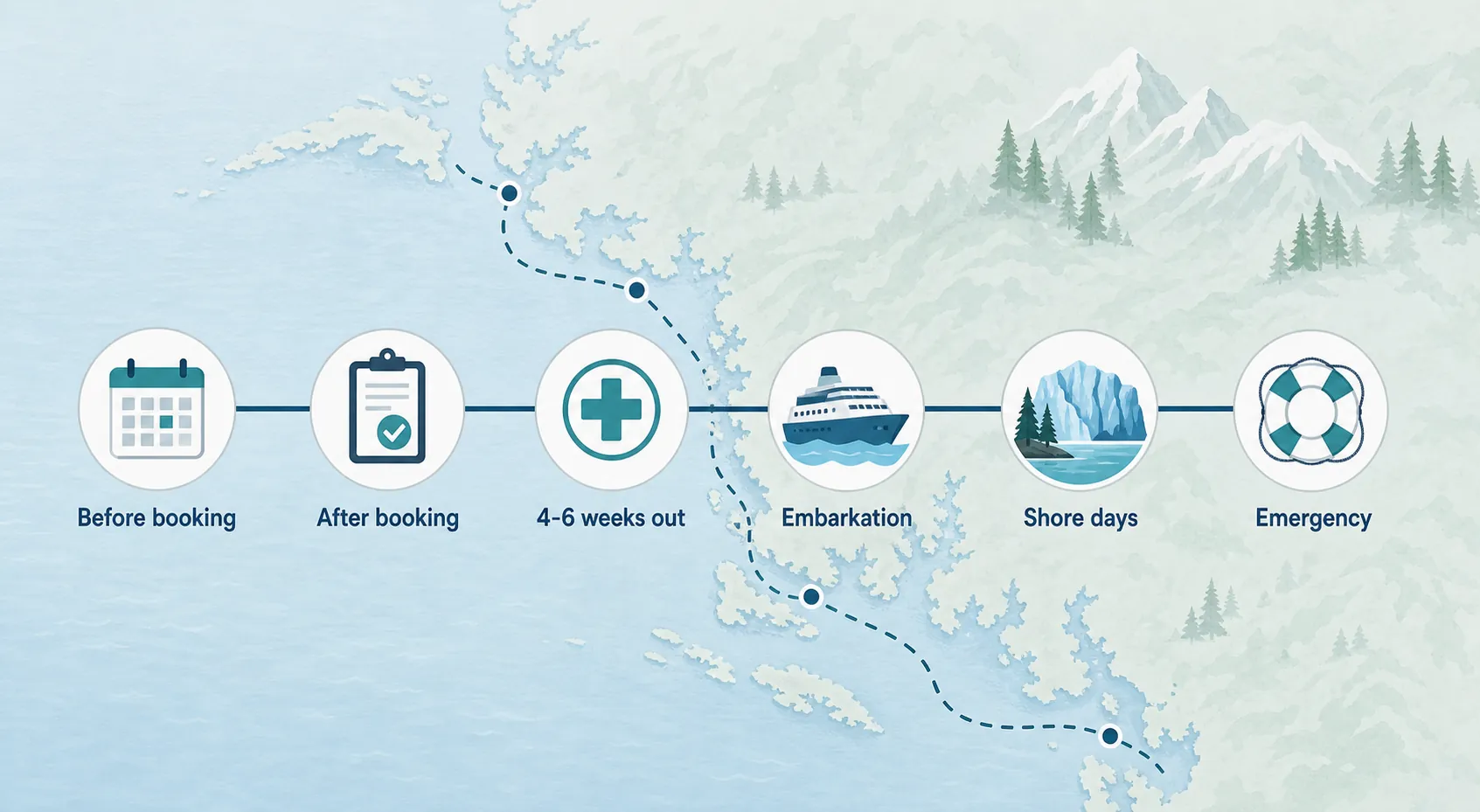 Six-step Alaska cruise planning timeline from before booking through emergency planning