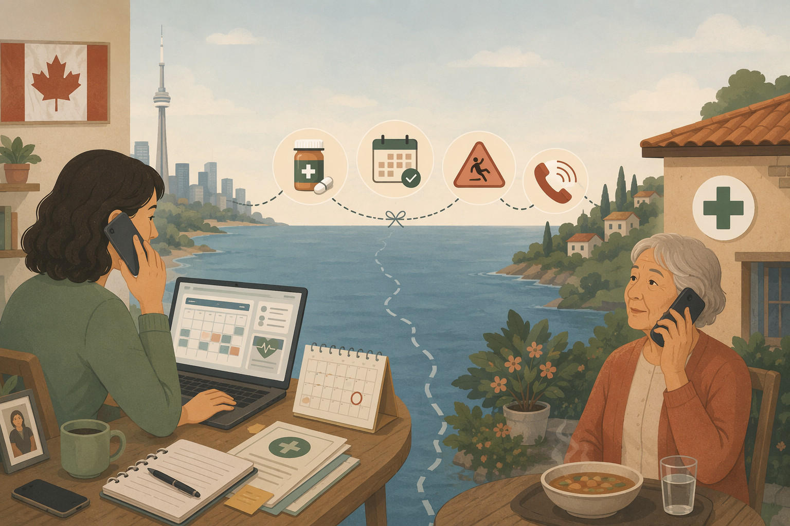 Cross-border care arrangement showing an adult child in Canada coordinating medication, appointments, meals, fall alerts, and emergency contact for an older parent abroad