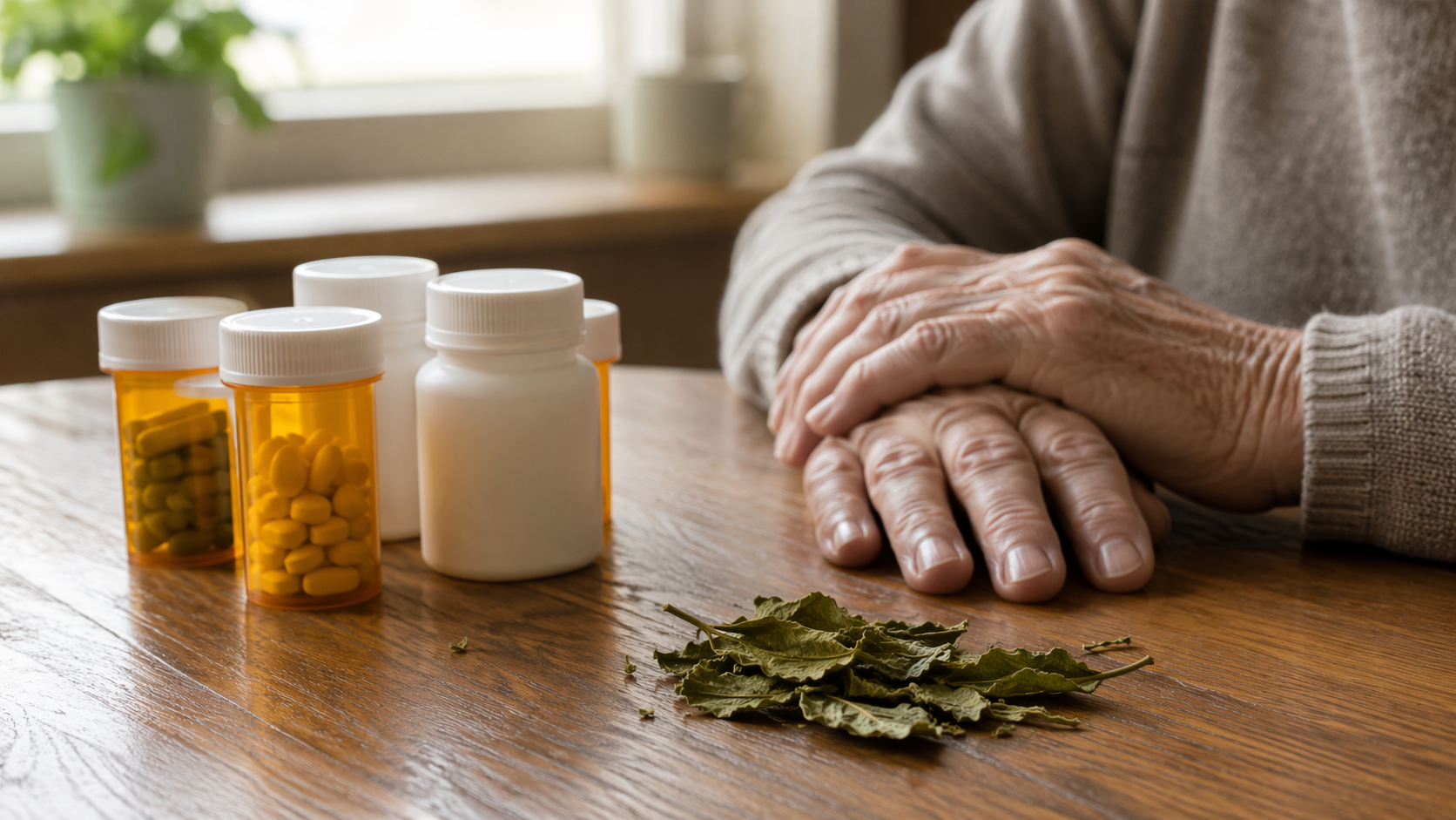 Older adult hands surrounded by prescription bottles and kratom leaves on a kitchen table