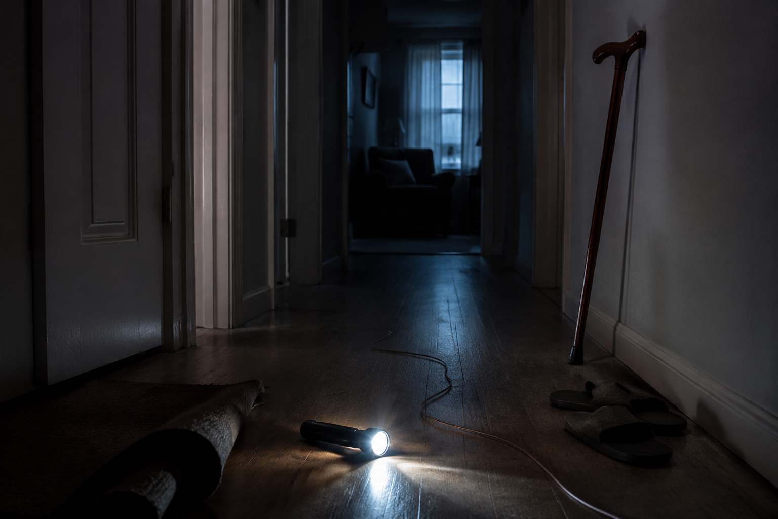 Dim hallway during a power outage with a cane, curled rug, slippers, and cord creating trip hazards