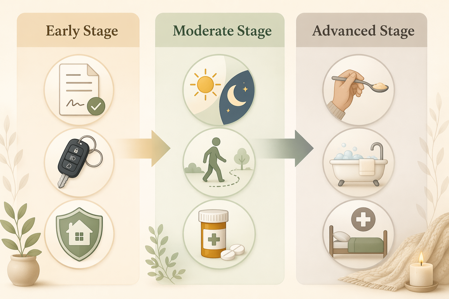 A three-column editorial graphic showing dementia care progression: left column labeled 'Early Stage' with a document icon, a car key icon, and a shield icon; middle column labeled 'Moderate Stage' with a sun-moon icon, a walking figure icon, and a pill bottle icon; right column labeled 'Advanced Stage' with a spoon icon, a bath icon, and a bed icon.