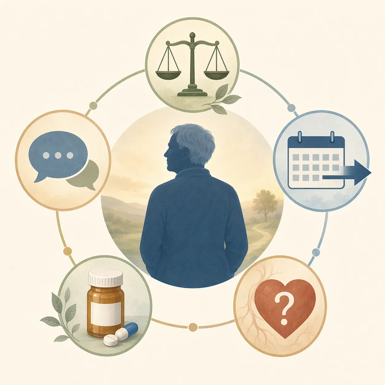 Decision framework for an older adult including frailty, time-to-benefit, CAC score, medication burden, and preferences
