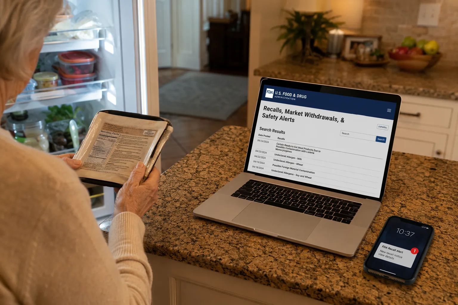 Older adult checking packaged food near a laptop with an FDA recall webpage and a smartphone notification