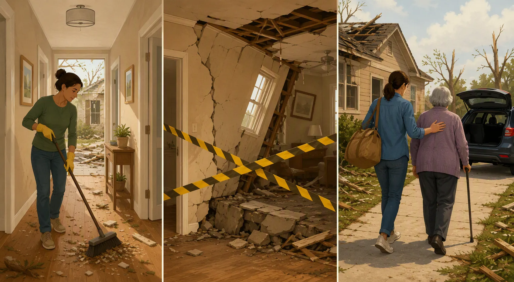 Three-panel illustration showing a caregiver clearing debris, a blocked unstable room, and an older adult relocating toward a vehicle