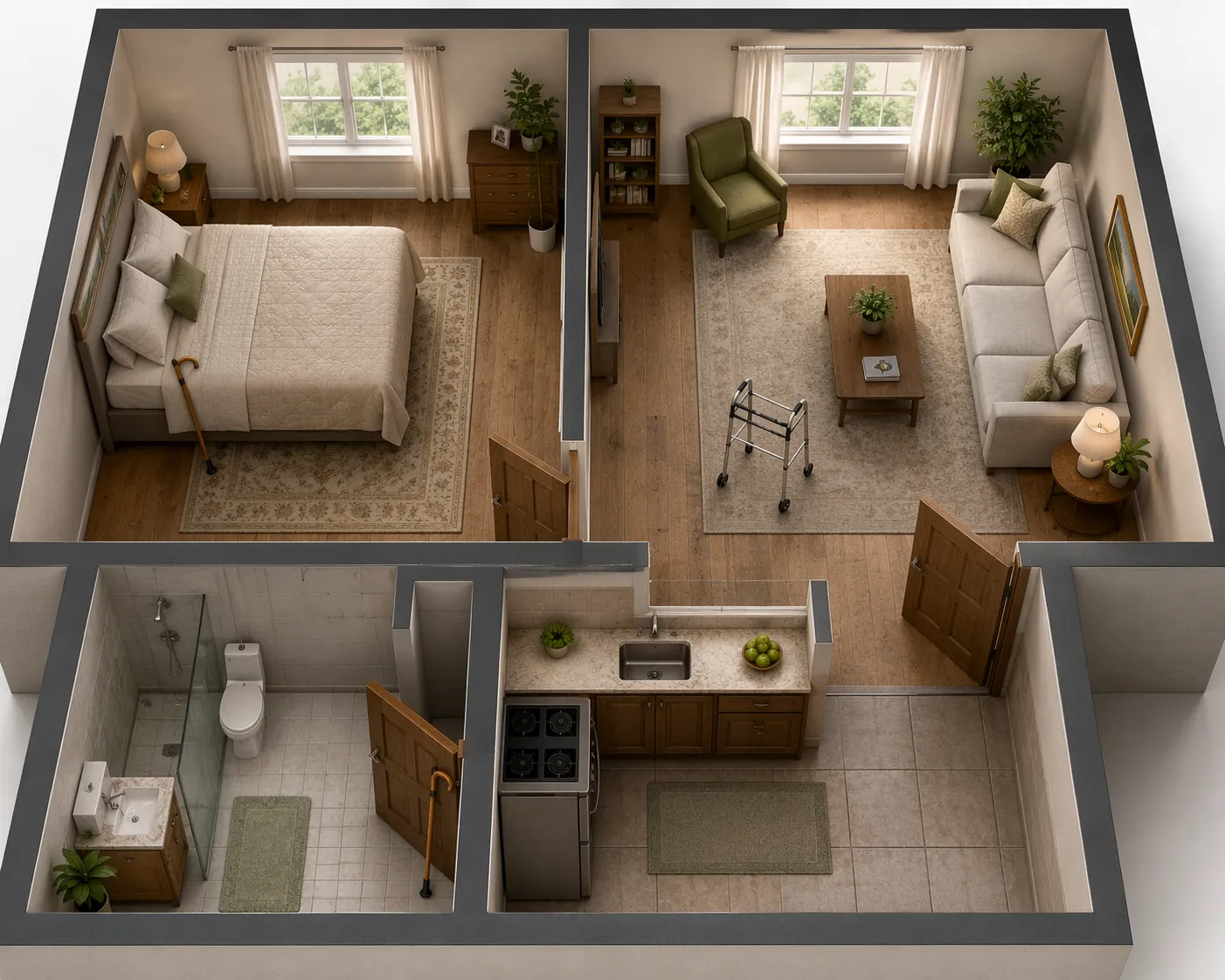Bedroom, living room, and bathroom each supplied with a cane or walker for earthquake mobility redundancy