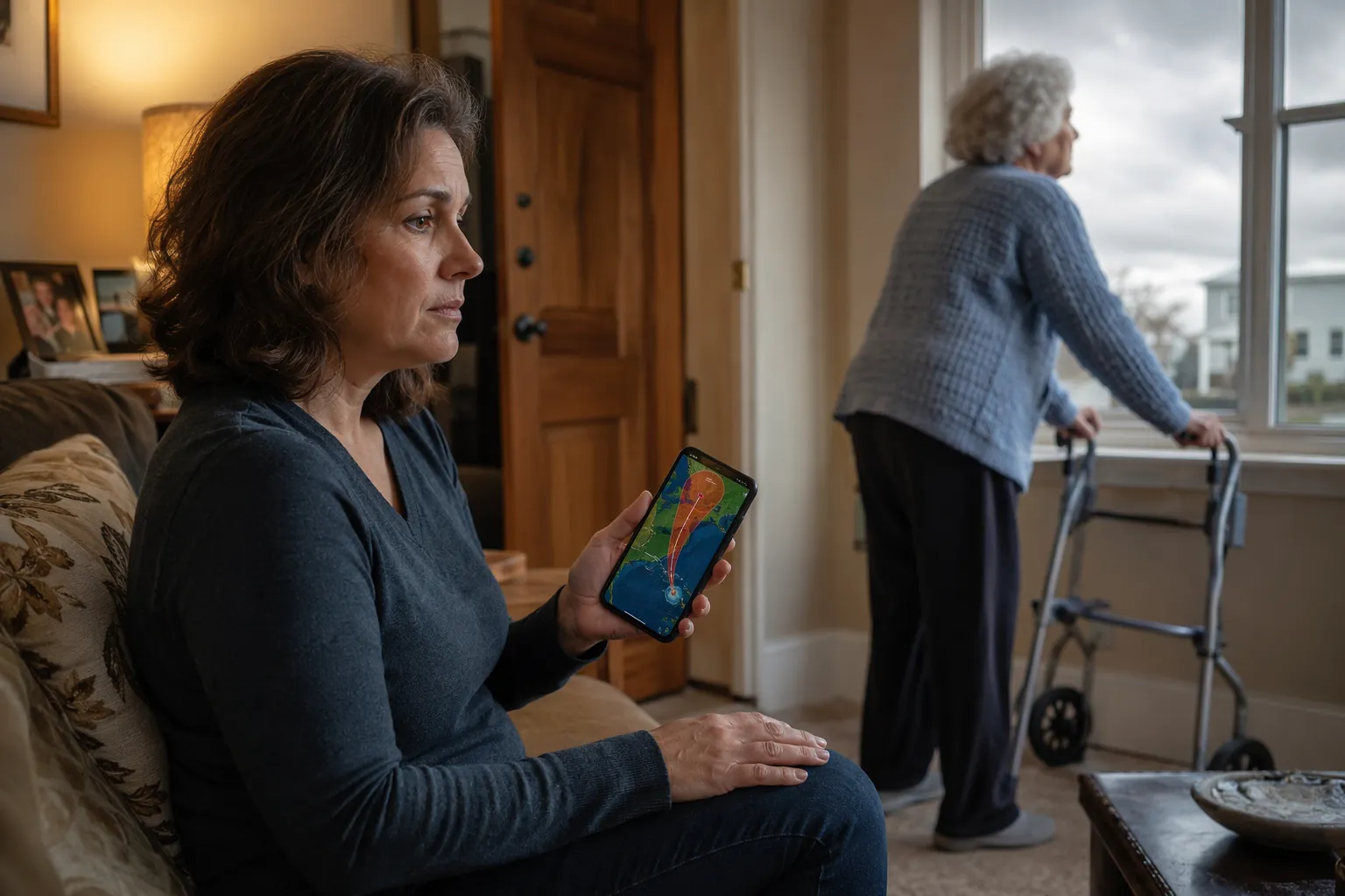 Adult daughter checks a storm tracking map while an elderly woman with a walker looks toward a gray sky