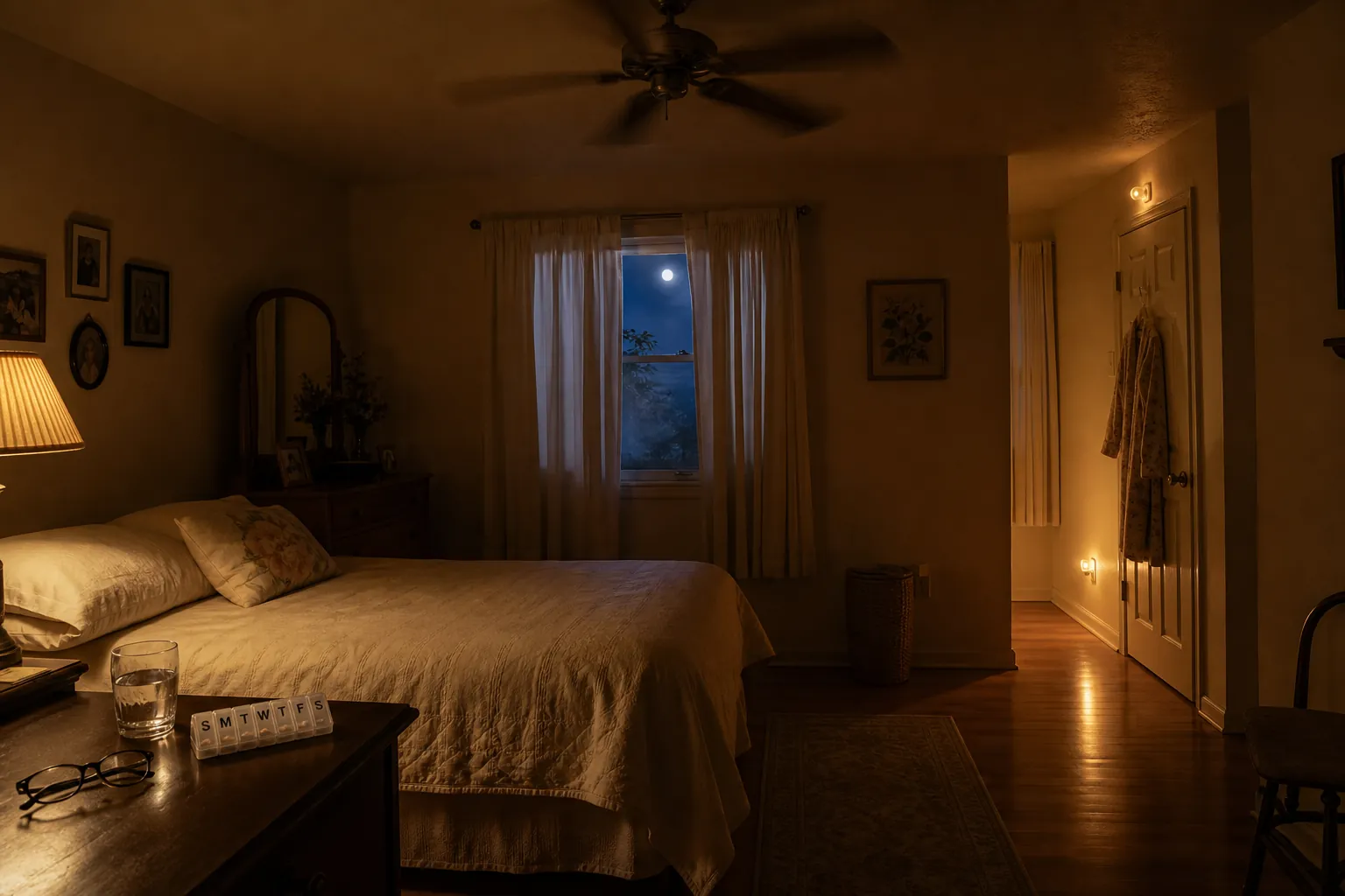 A senior bedroom on a hot summer night with a fan, water glass, pill organizer, and nightlight