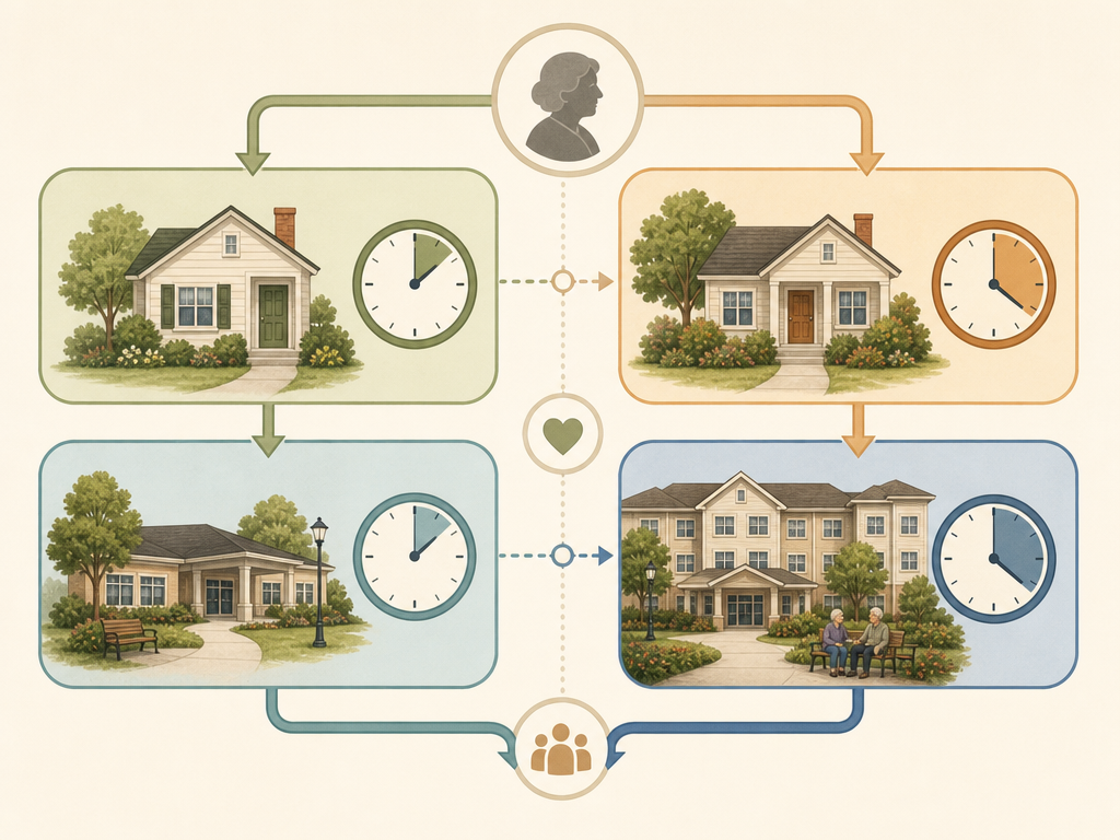Quadrant-panel decision framework illustration with four color-coded panels showing different senior care scenarios: house icons combined with clock faces indicating low or high care hours, and community building icons with clock faces, connected by arrows showing decision pathways.