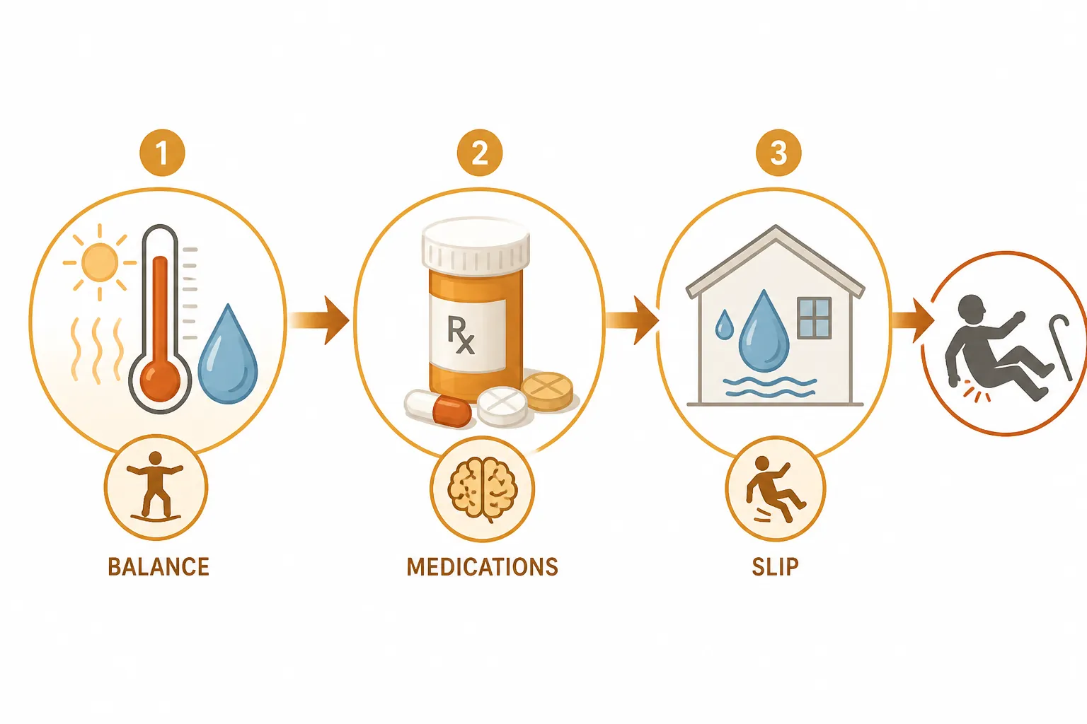 Infographic showing dehydration, medications, and humidity slip hazards connected as a three-step fall-risk cascade