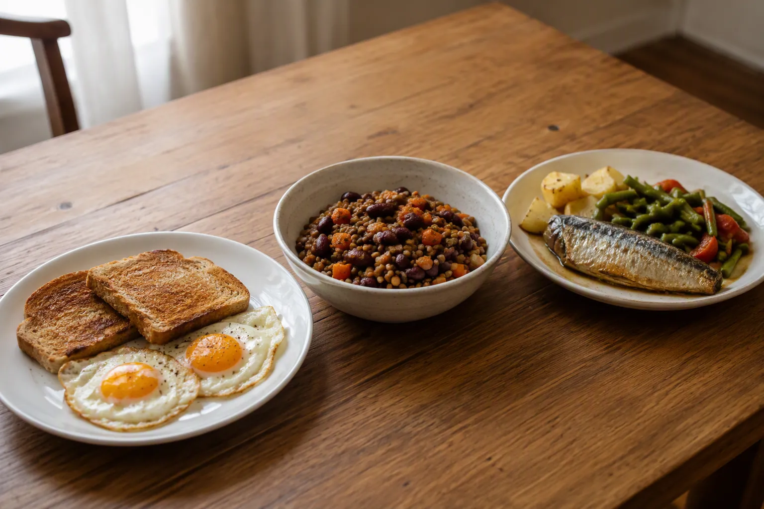 Three simple meals with low-cost protein anchors: eggs at breakfast, beans and lentils at lunch, and canned fish at dinner