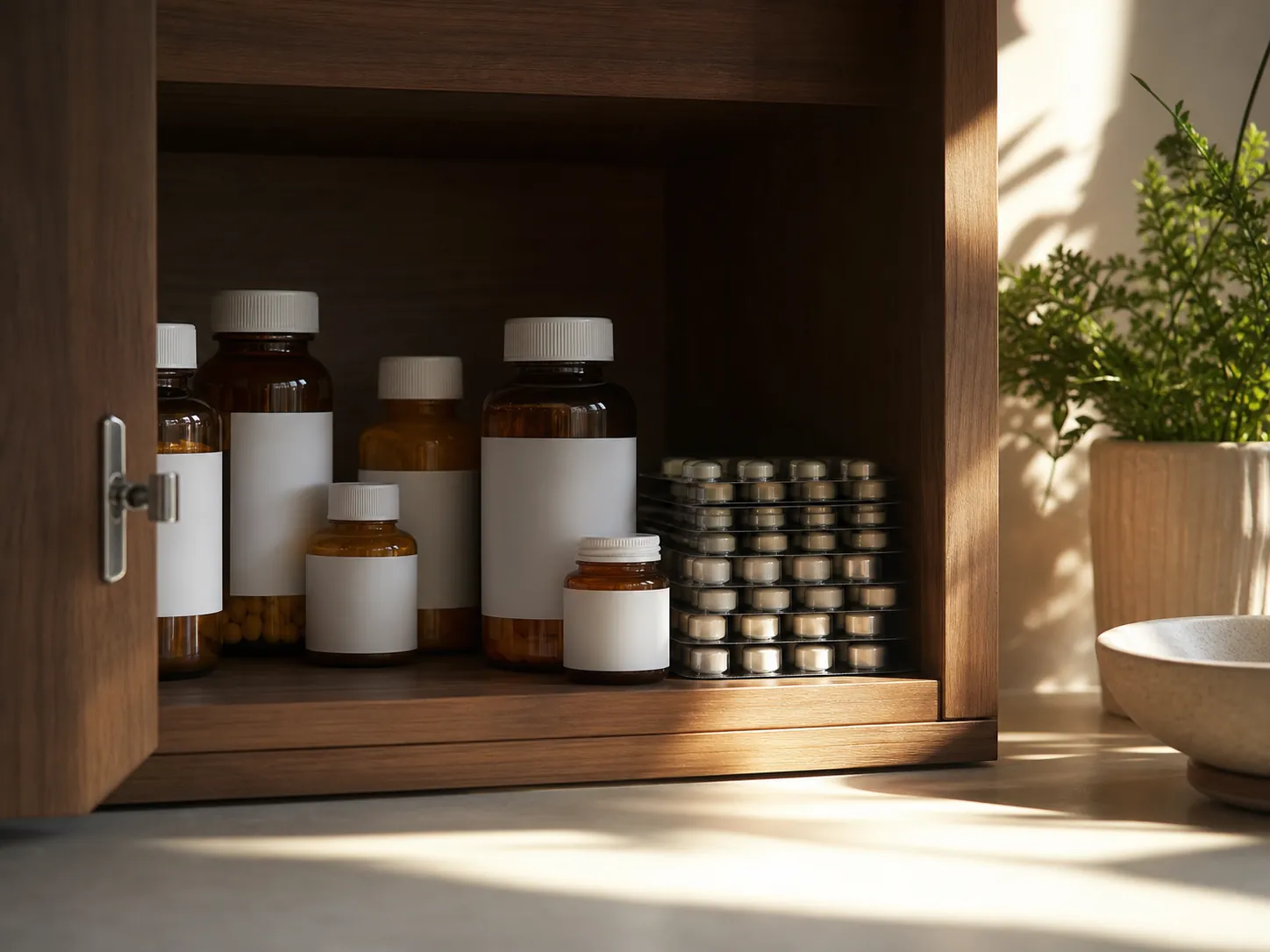 Prescription bottles and blister packs stored inside a shaded kitchen cabinet away from direct sunlight