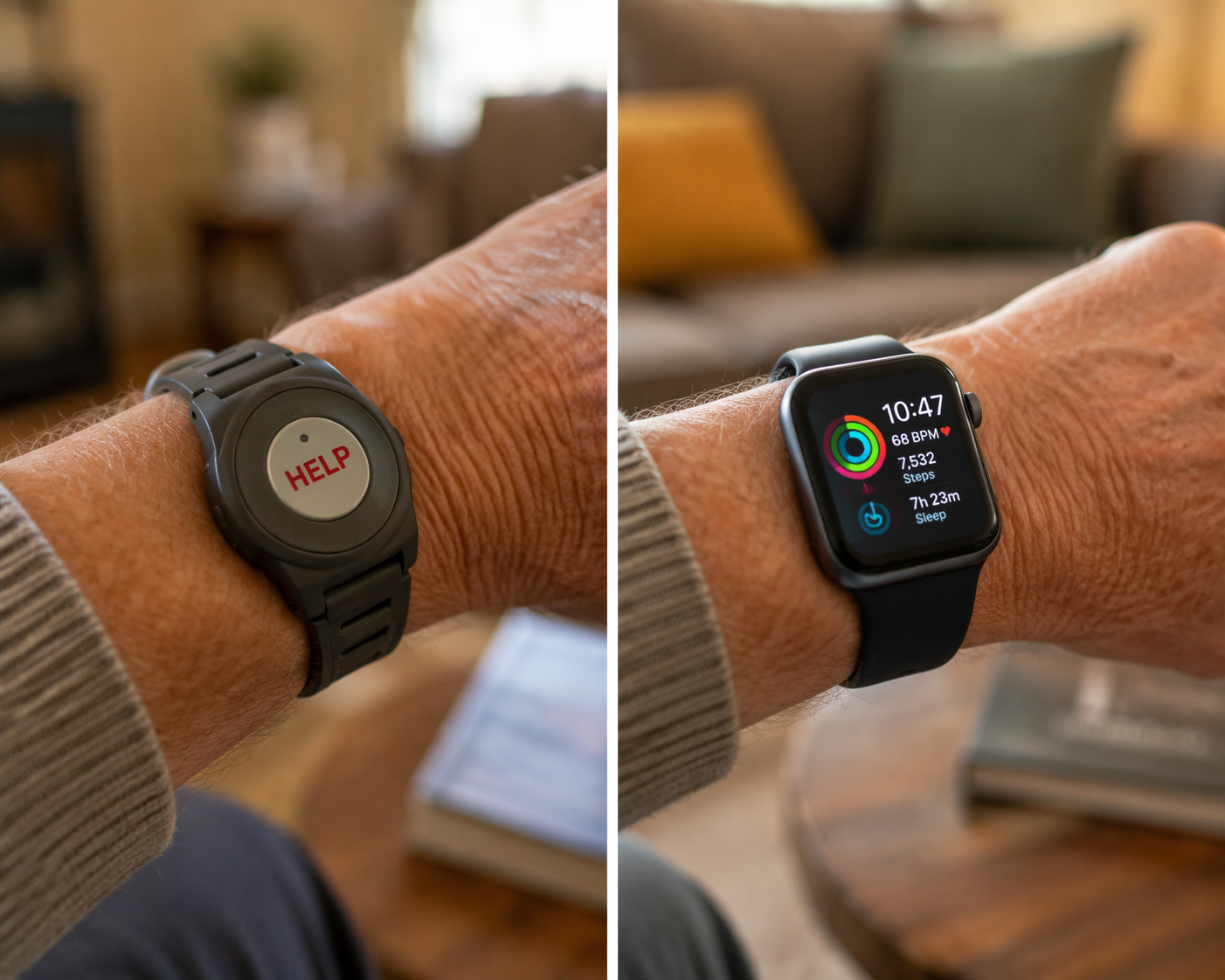 Older adult wrist comparing a bulky medical alert watch with a red emergency button and a sleek smartwatch
