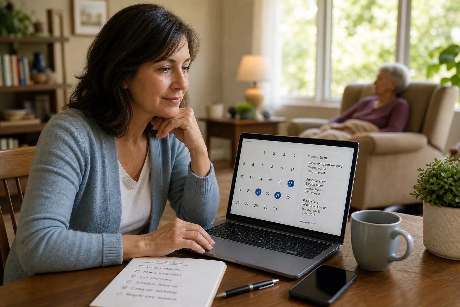 Midlife caregiver planning a workshop search at a desk while an older parent rests nearby
