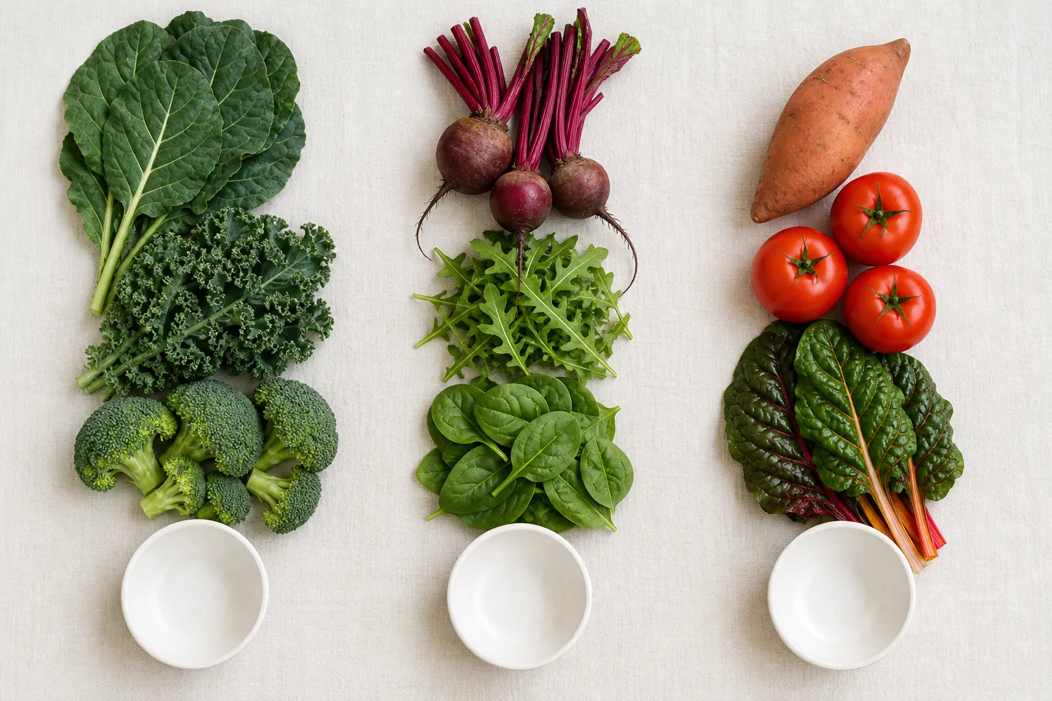 Vegetables grouped into columns for bone, muscle, and blood-pressure support