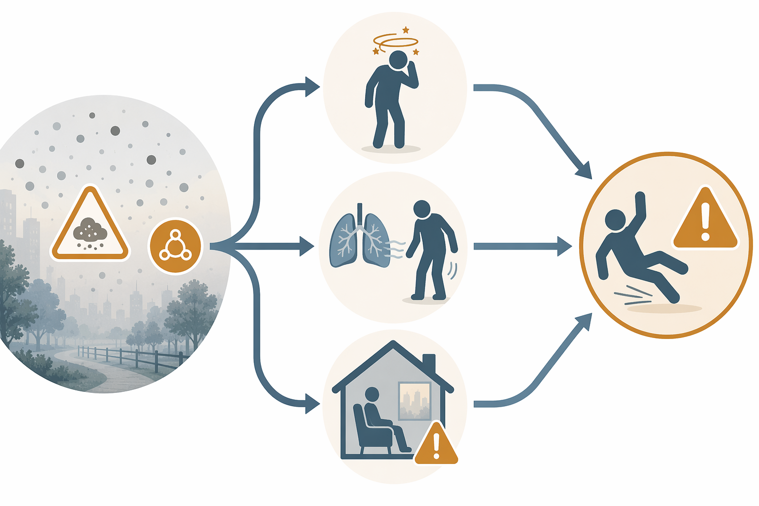 Illustration of hazardous air quality leading to dizziness, reduced oxygen affecting balance, and indoor confinement increasing fall risk