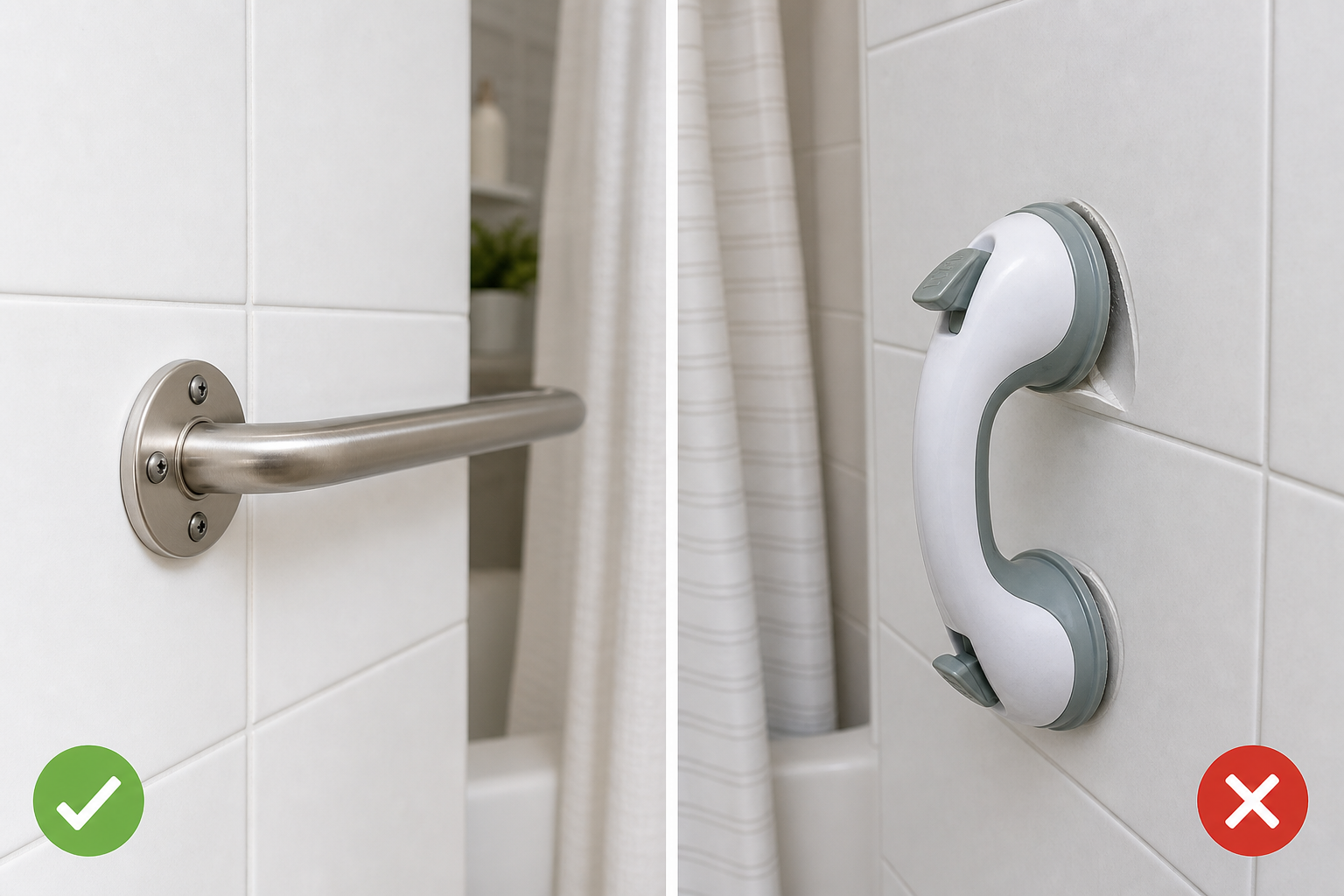 A side-by-side comparison of two bathroom grab bar installations: on the left, a grab bar securely anchored into wall studs with visible mounting screws; on the right, a suction-cup grab bar beginning to detach from the tile wall.