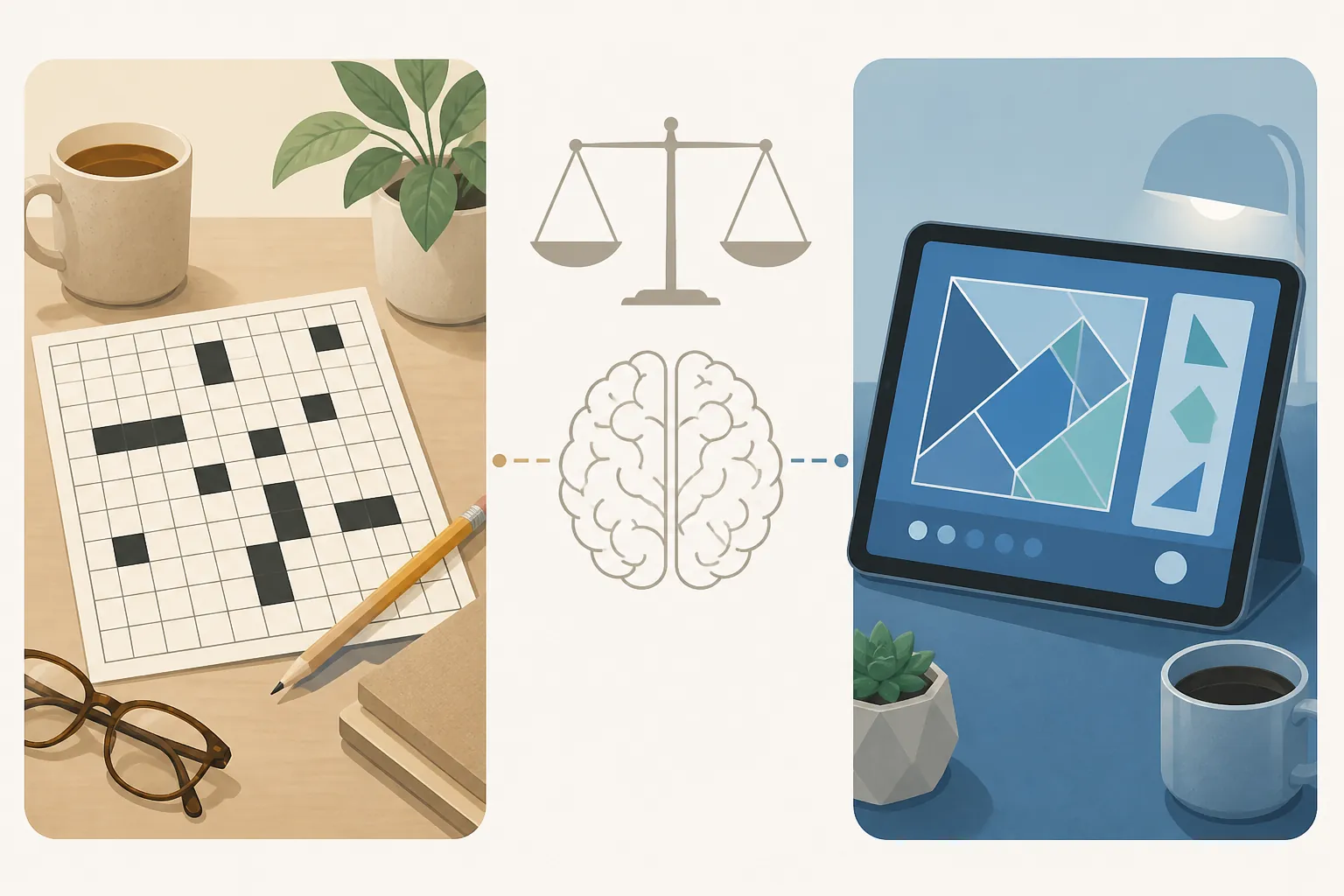 Illustration comparing a paper crossword and tablet-based brain games on a balanced scale