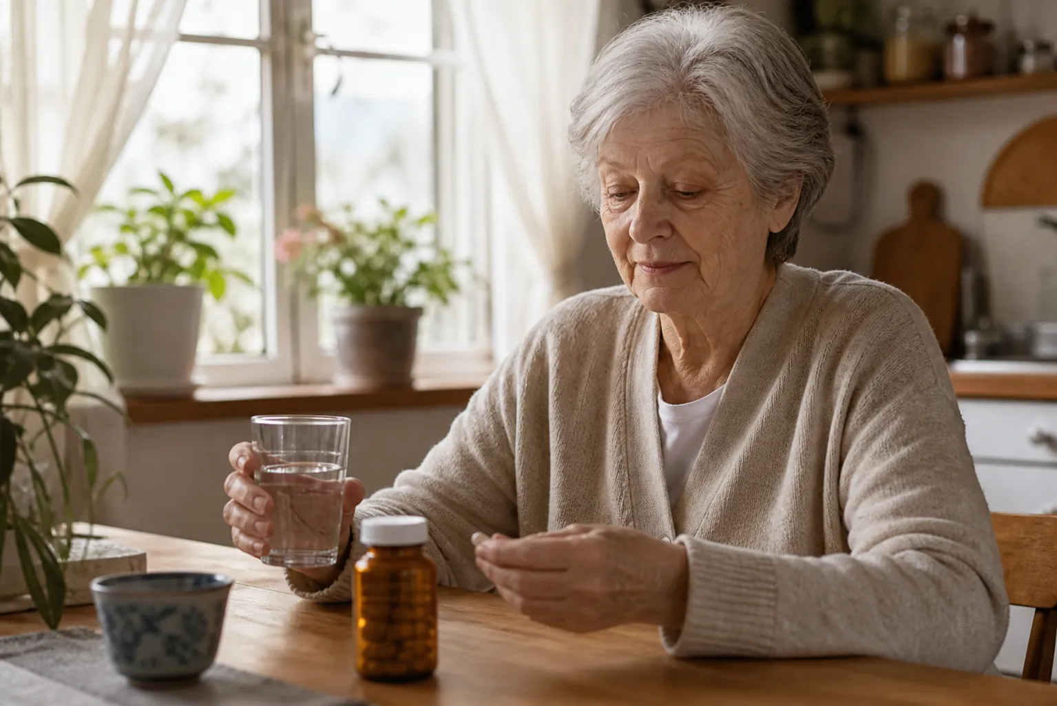 Older adult at a kitchen table with a prescription pill bottle and glass of water