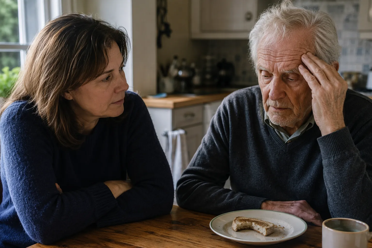 A middle-aged daughter watches her tired elderly father at a kitchen table with half-eaten toast on his plate