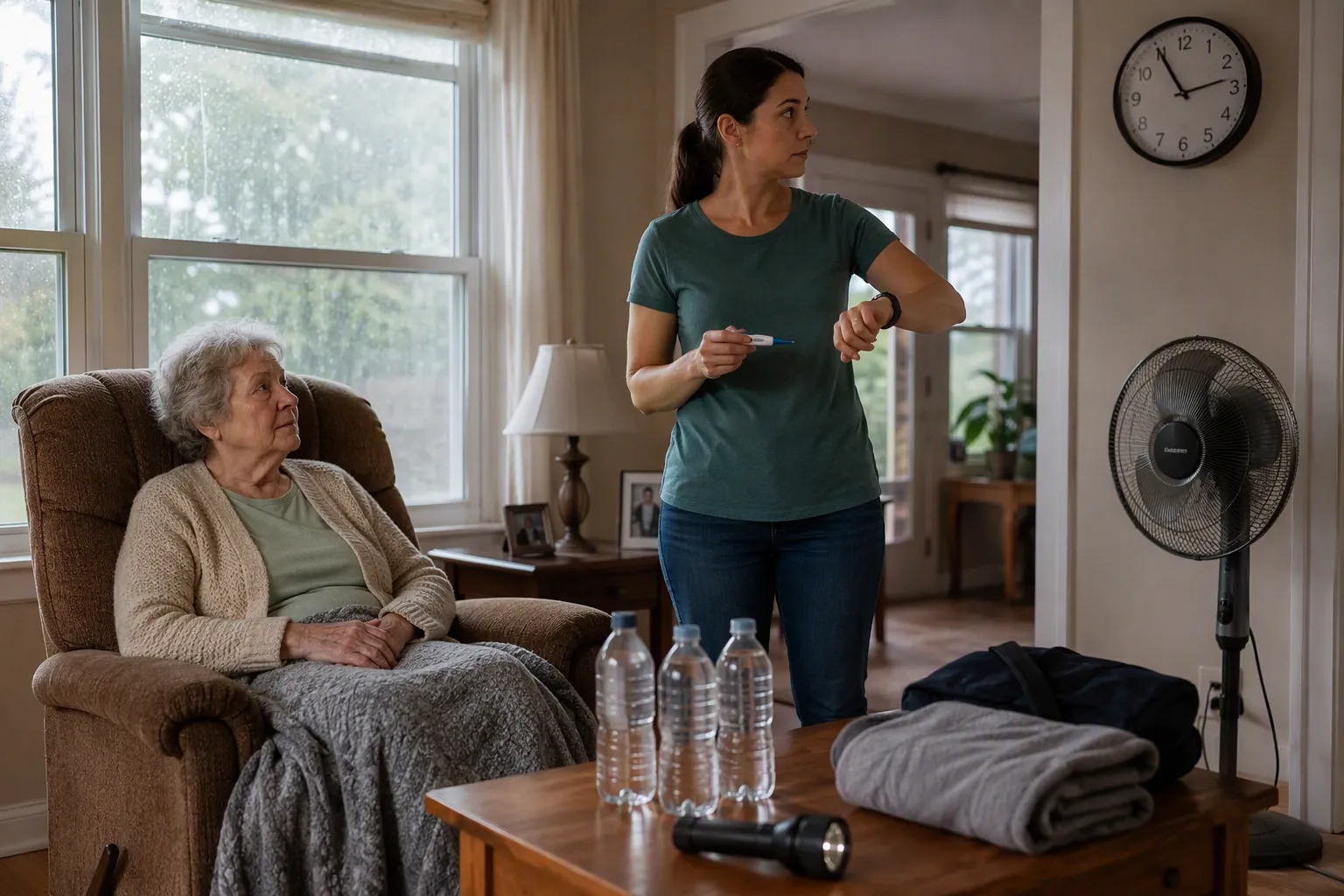 Older woman in a recliner after a storm while a caregiver checks a thermometer near water bottles, a fan, and a flashlight