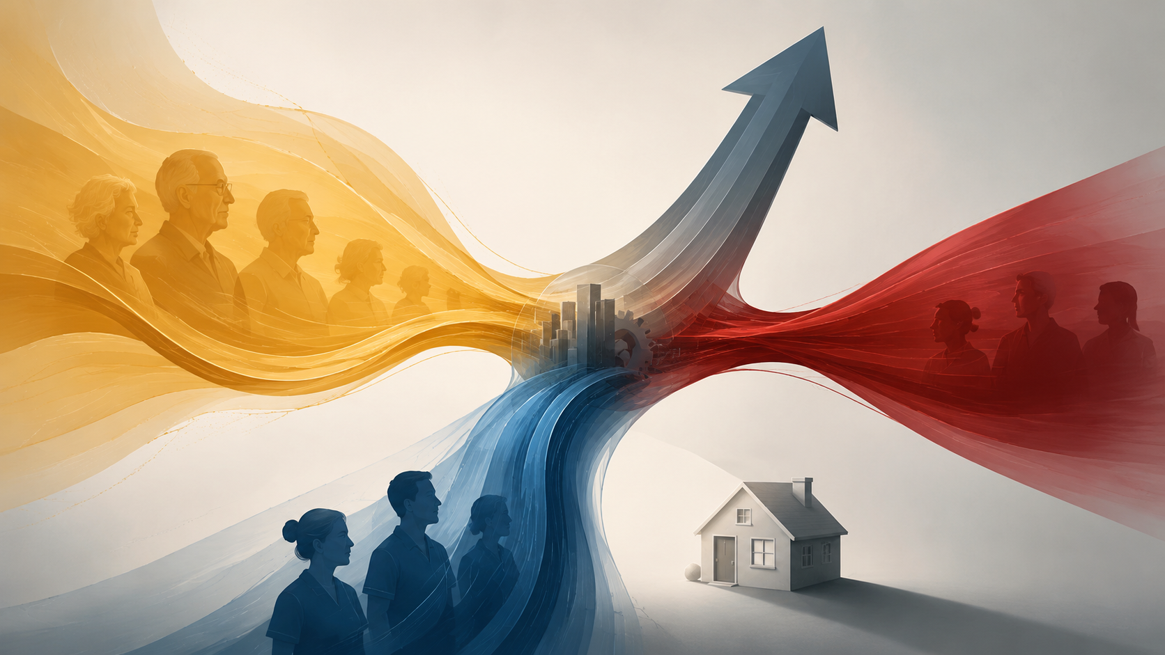 Abstract ribbons merging into a rising arrow over a small house icon