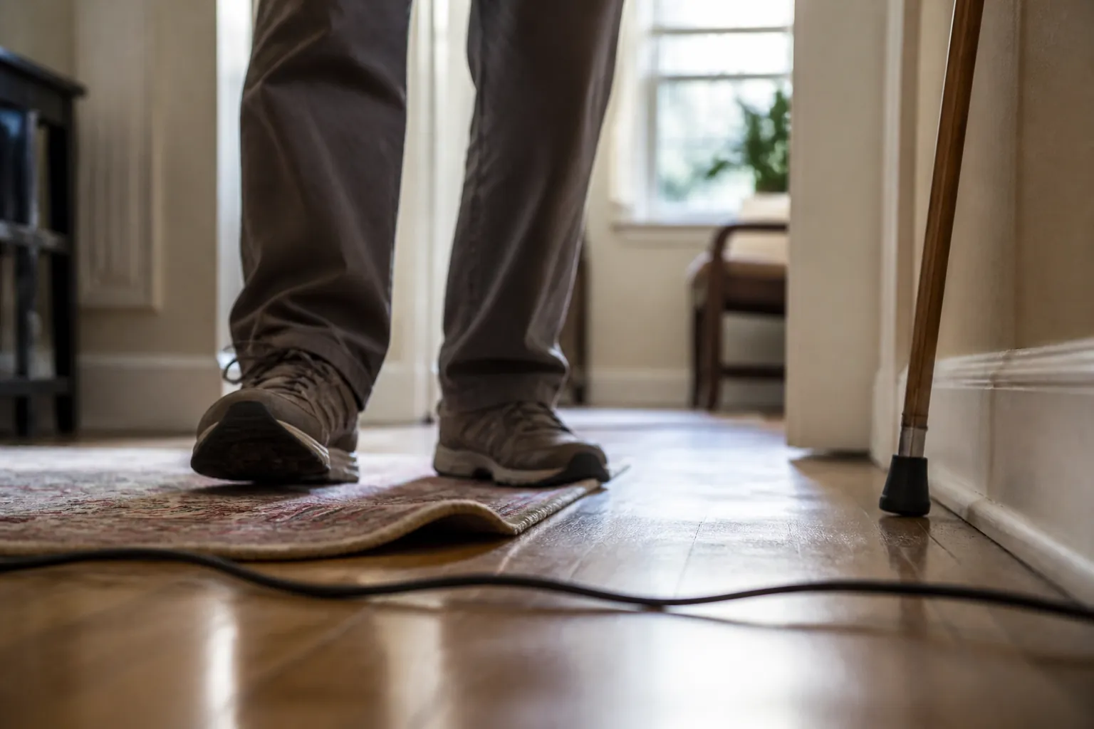 Older person's feet near a curled throw rug and electrical cord in a hallway