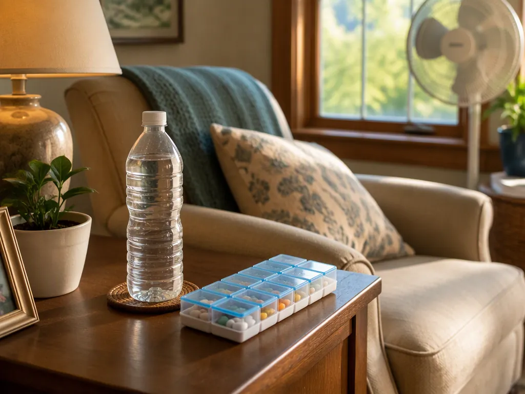 Filled water bottle and medication organizer on a side table beside an armchair with a fan nearby