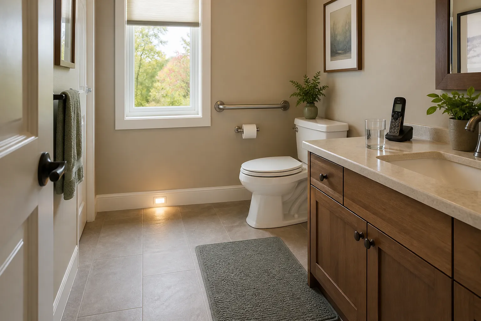 Well-lit bathroom with grab bar, non-slip mat, night light, clear path, phone, and water within reach
