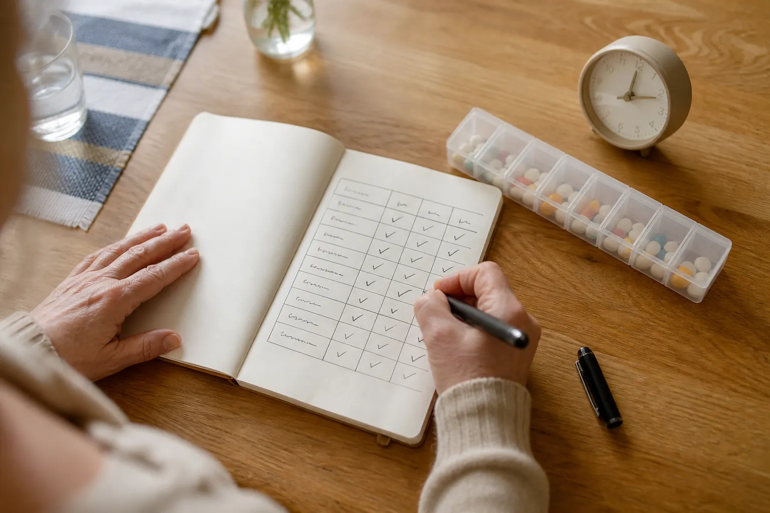 Caregiver writing a Parkinson’s medication and symptom log beside a pill organizer and clock