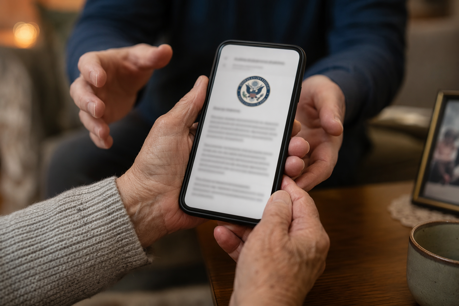 Older person holding a smartphone with an official-looking email while a caregiver reaches toward the phone