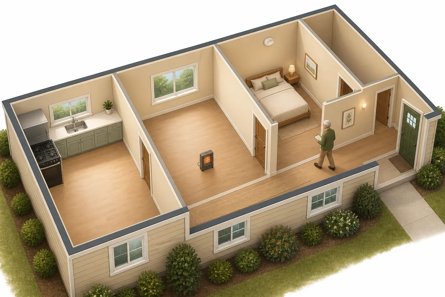 Cutaway view of a home showing a kitchen, a clear area around a space heater, a bedroom smoke alarm, and a hallway leading to an exit