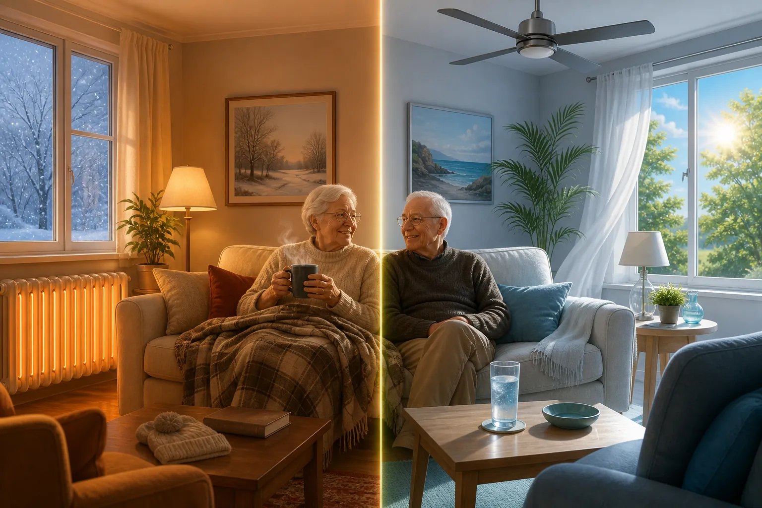 Split seasonal living room showing winter warmth and summer cooling for a safe senior home temperature band