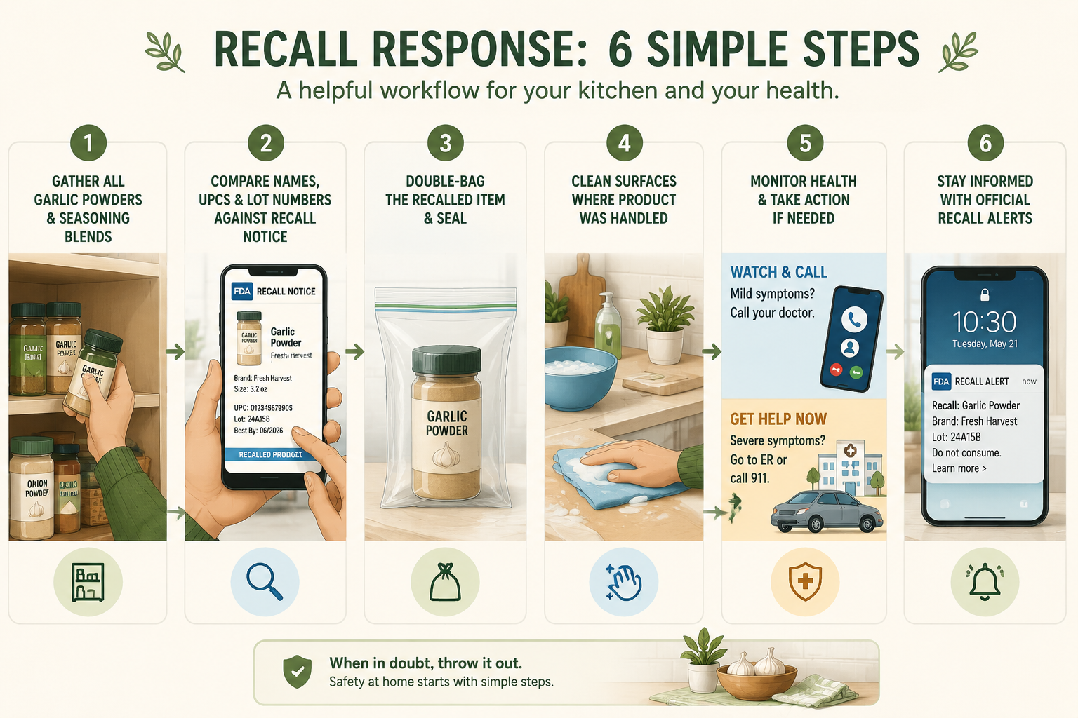 Six-step recall response workflow for checking garlic and seasoning products