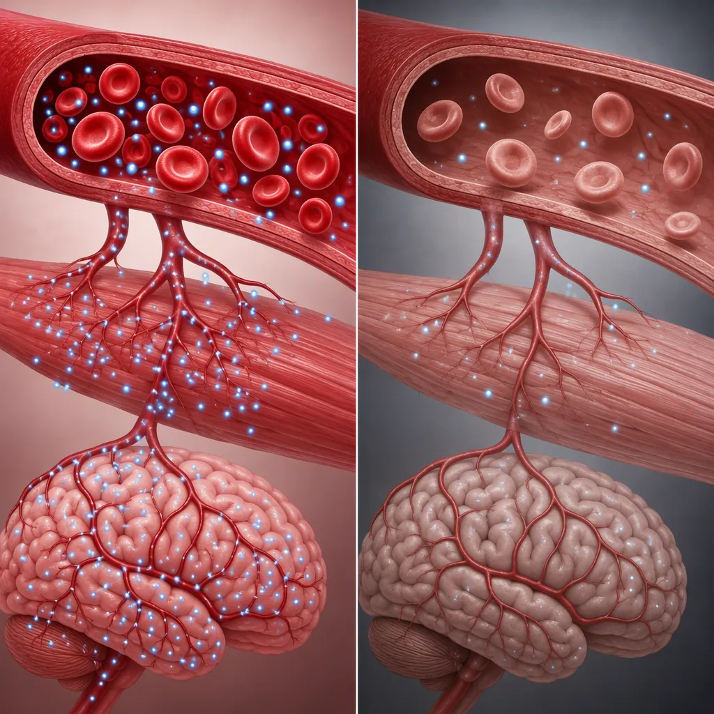 Illustration comparing healthy red blood cells with fewer pale red blood cells delivering less oxygen to muscle and brain tissue